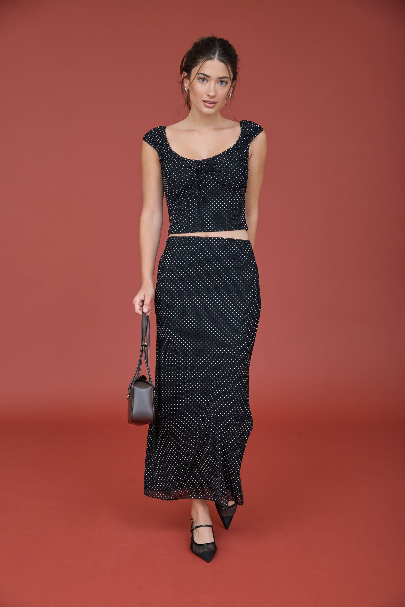 POLKA DOT MESH PENCIL MIDI SKIRT (PRE-ORDER)