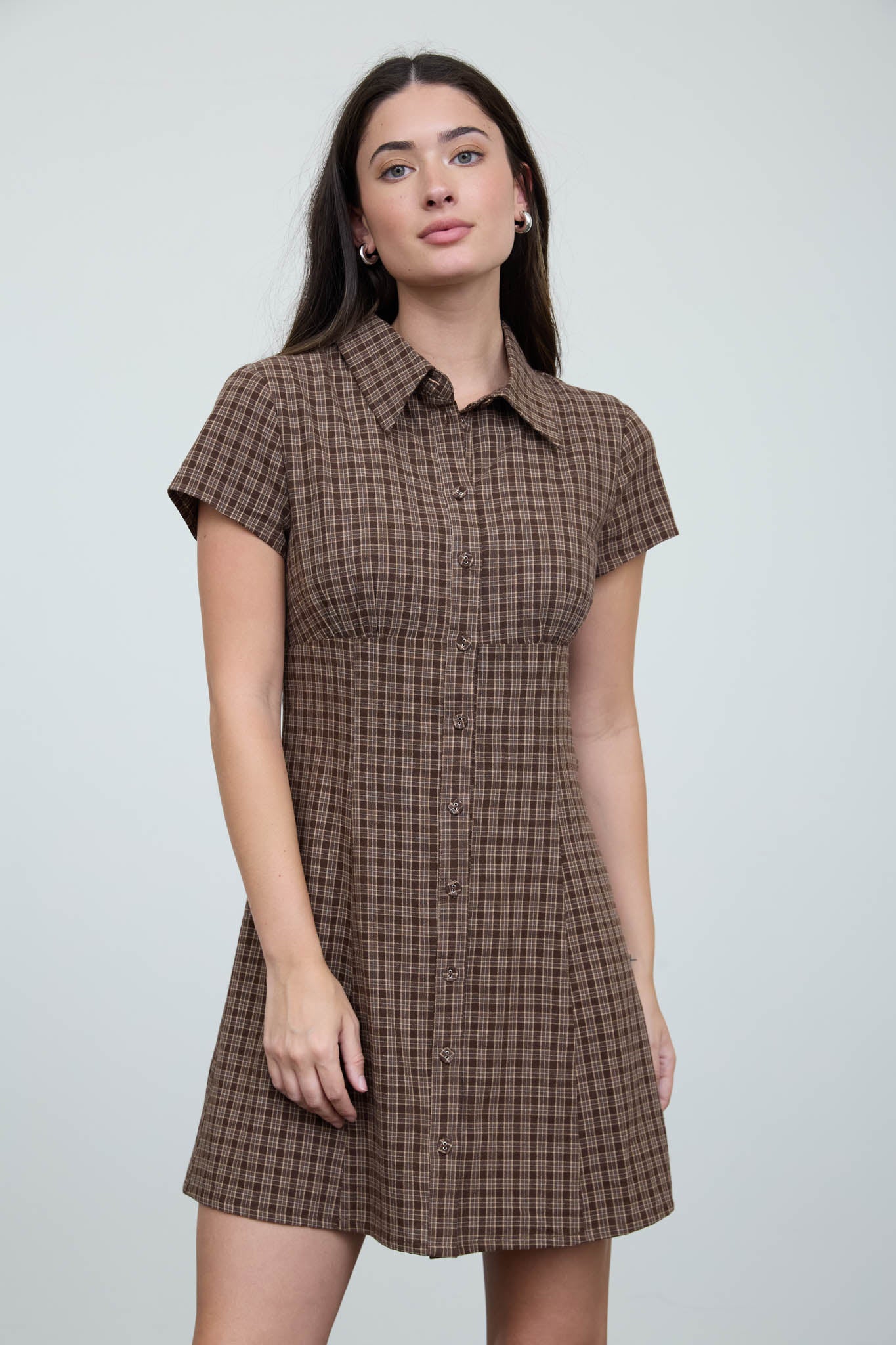 SHIRT COLLAR BUTTON-FRONT PLAID MINI DRESS
