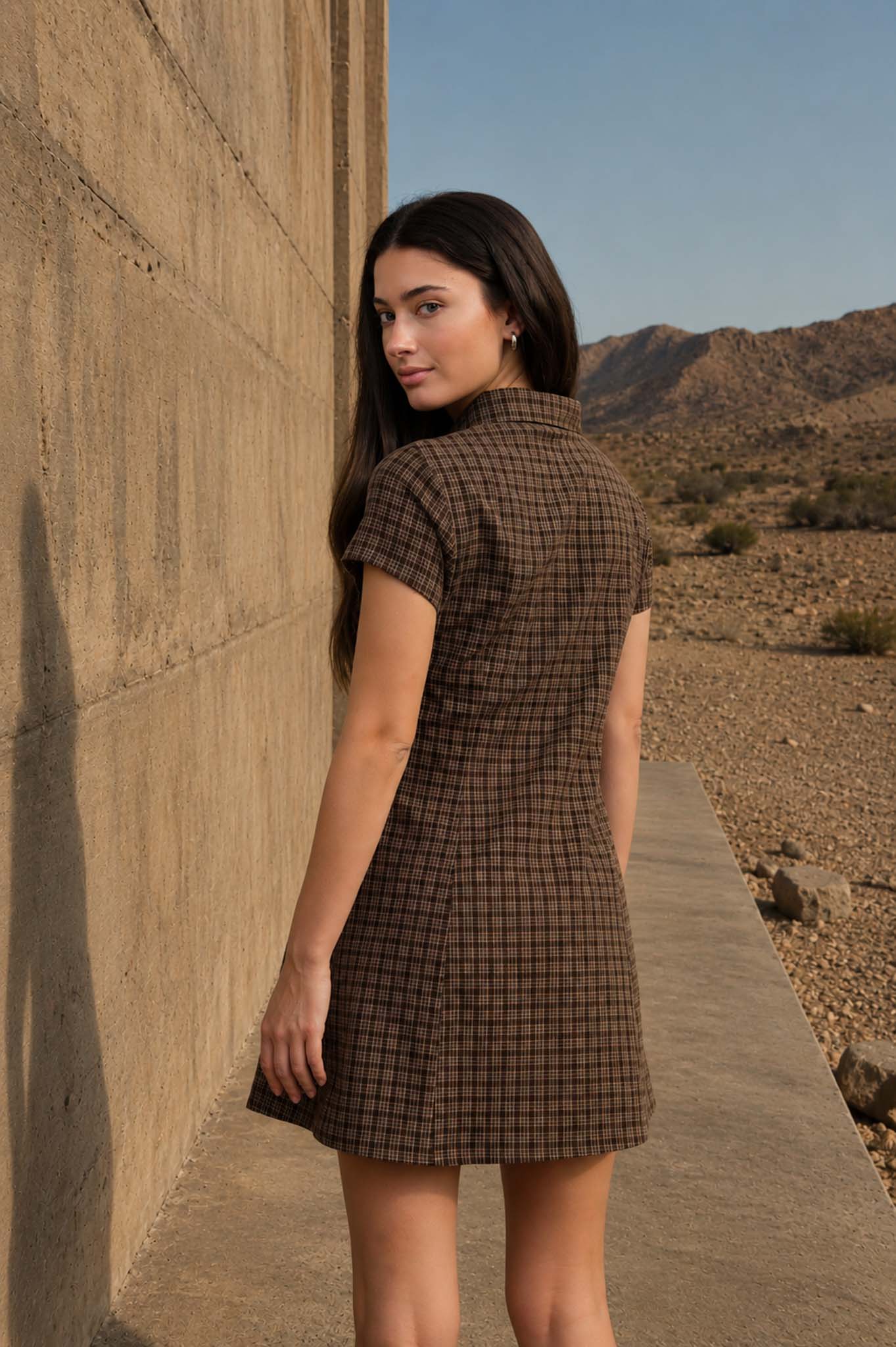 SHIRT COLLAR BUTTON-FRONT PLAID MINI DRESS