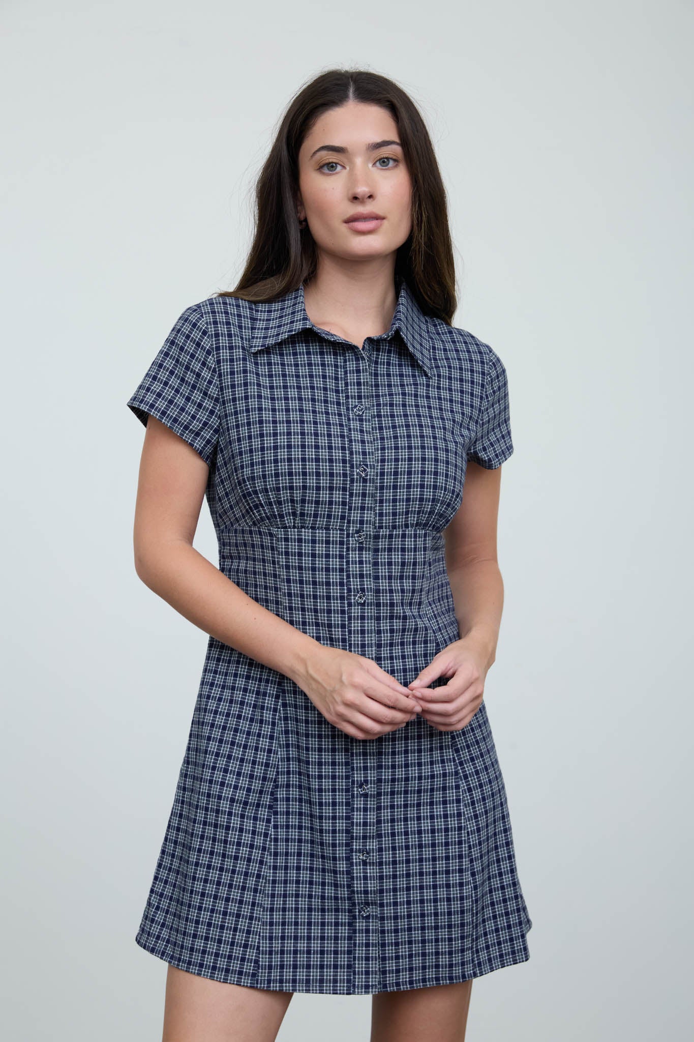 SHIRT COLLAR BUTTON-FRONT PLAID MINI DRESS