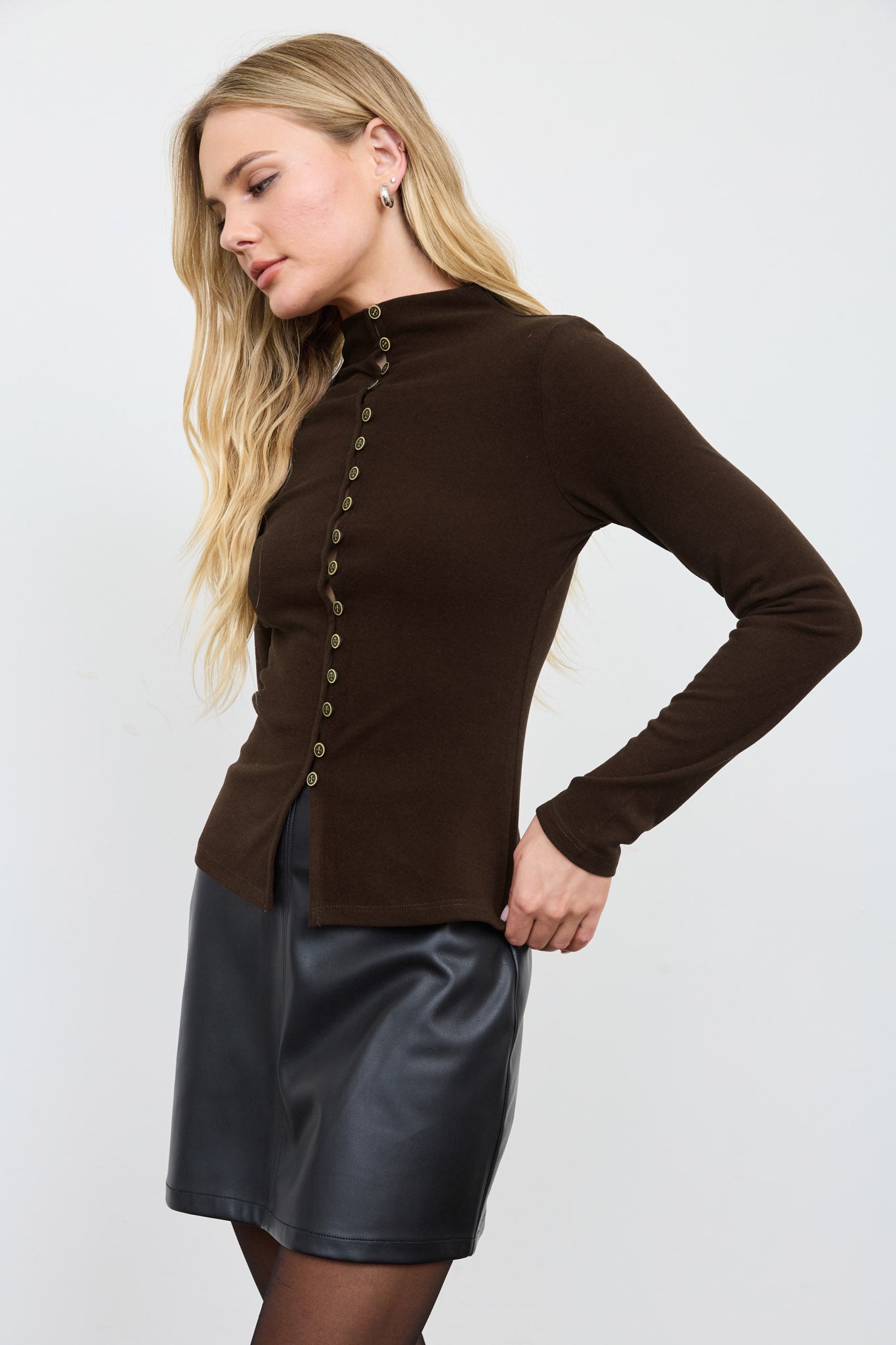 BUTTON FRONT MOCK NECK LONG SLEEVE KNIT TOP