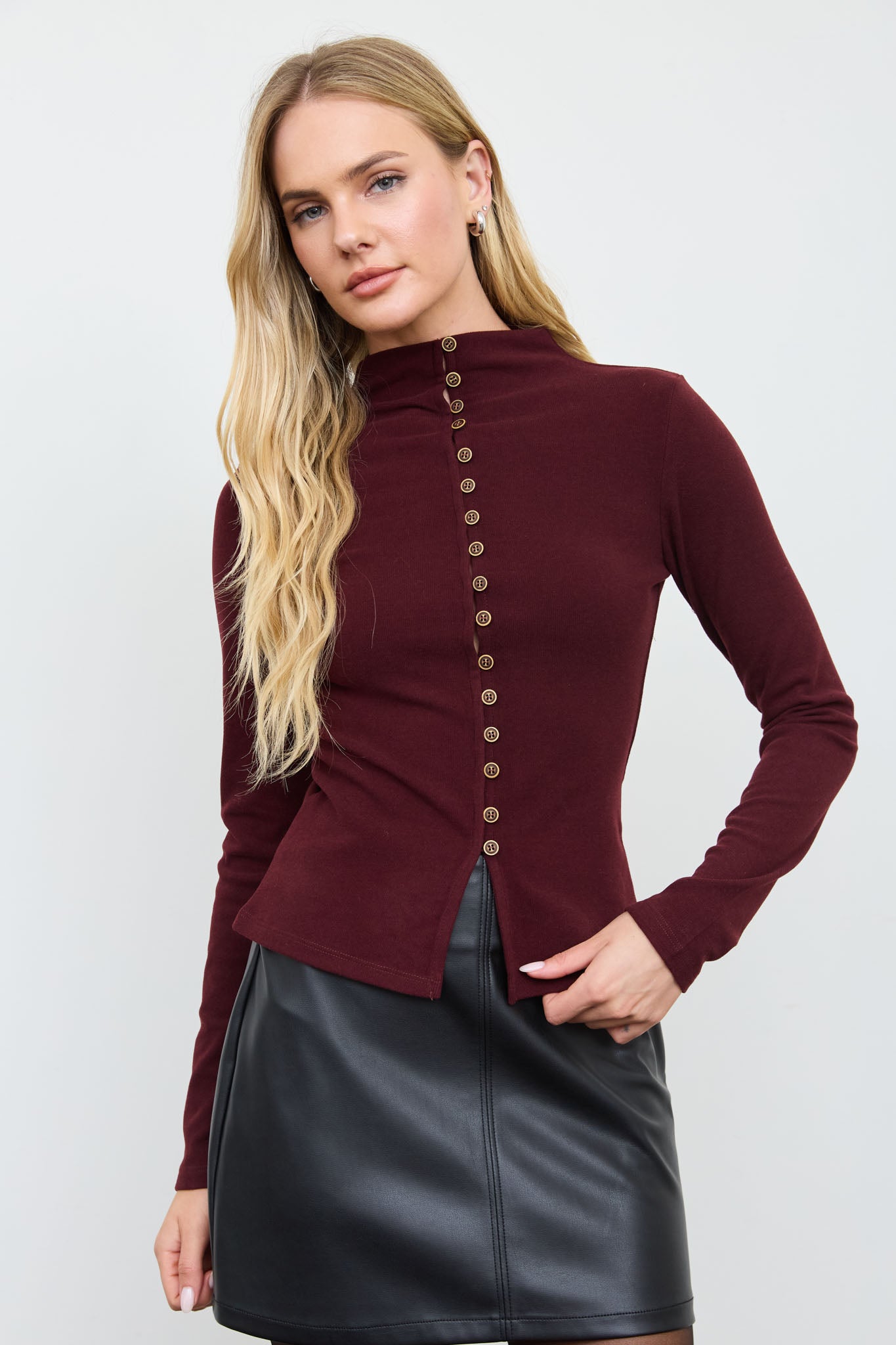 BUTTON FRONT MOCK NECK LONG SLEEVE KNIT TOP