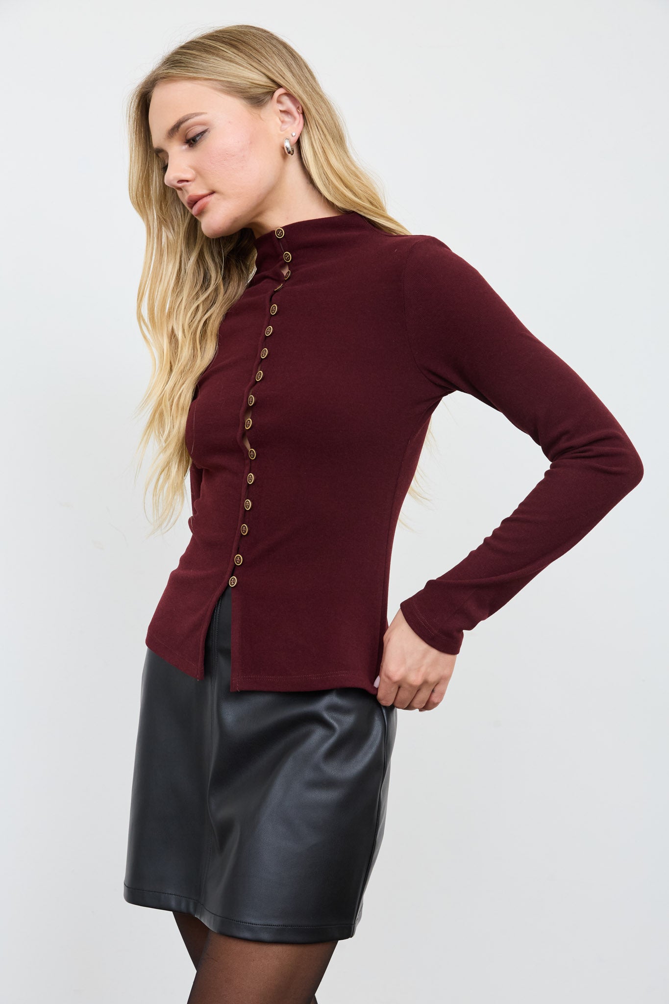 BUTTON FRONT MOCK NECK LONG SLEEVE KNIT TOP