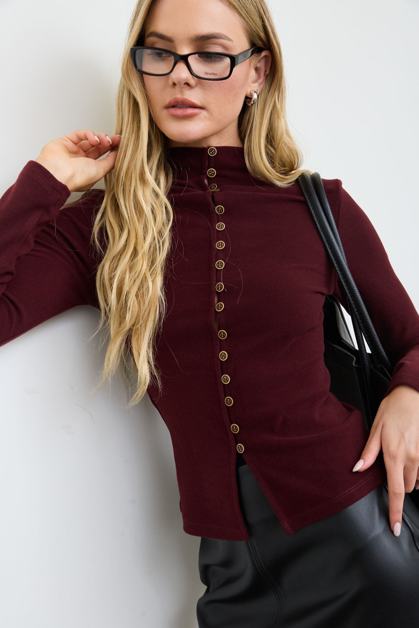 BUTTON FRONT MOCK NECK LONG SLEEVE KNIT TOP