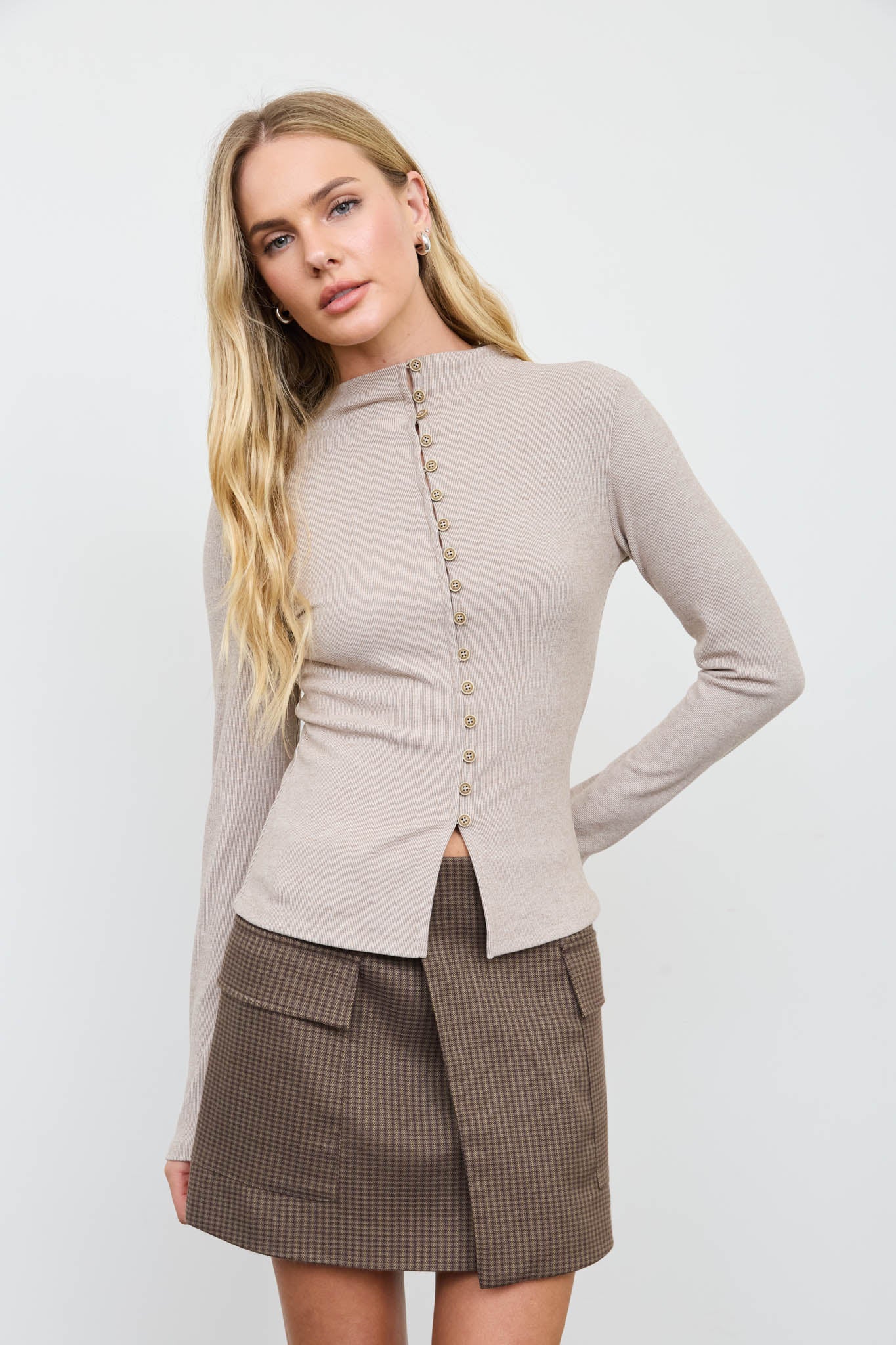 BUTTON FRONT MOCK NECK LONG SLEEVE KNIT TOP
