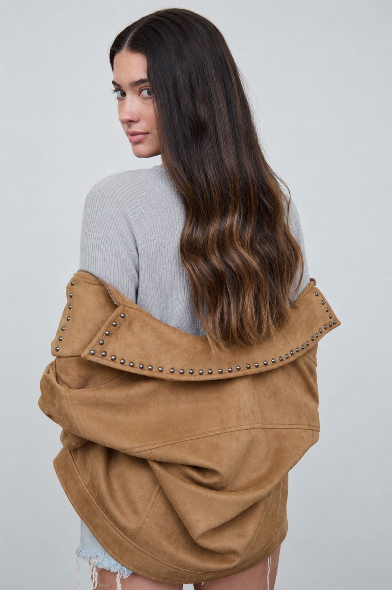 STUDDED COLLARED ZIP-UP SUEDE JACKET