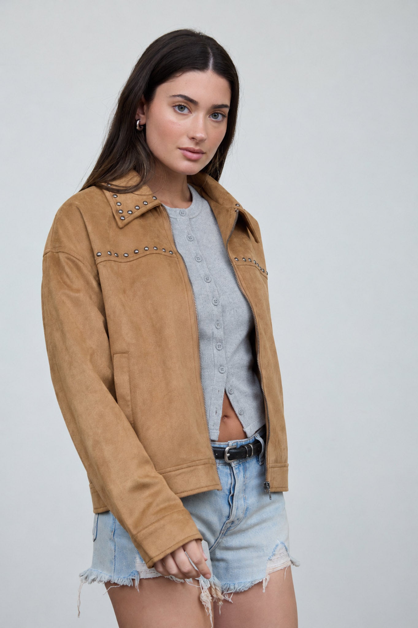STUDDED COLLARED ZIP-UP SUEDE JACKET