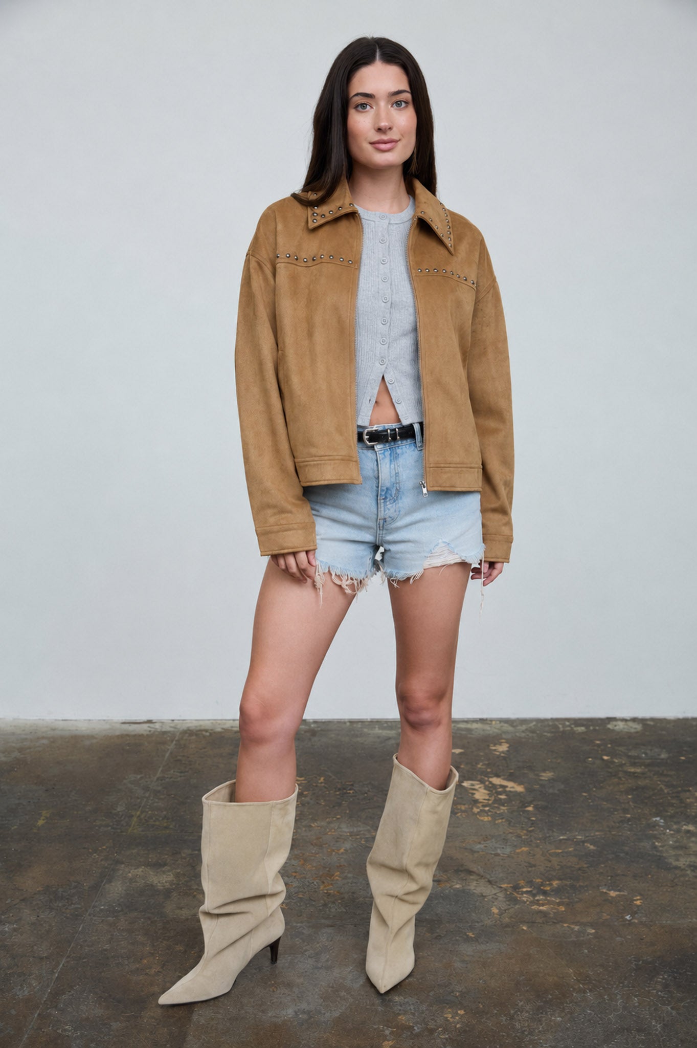 STUDDED COLLARED ZIP-UP SUEDE JACKET