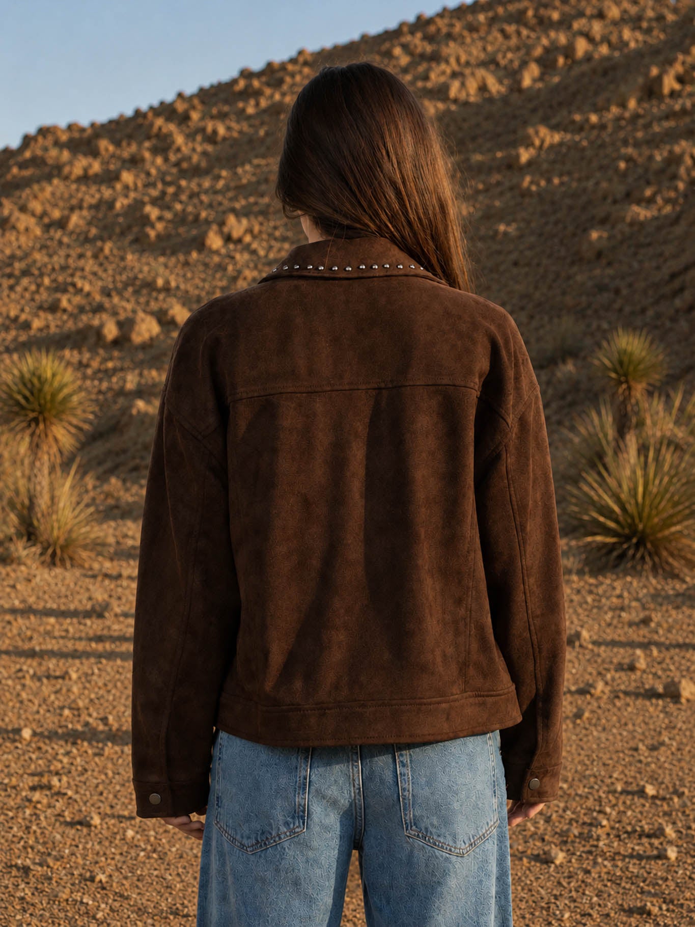 STUDDED COLLARED ZIP-UP SUEDE JACKET