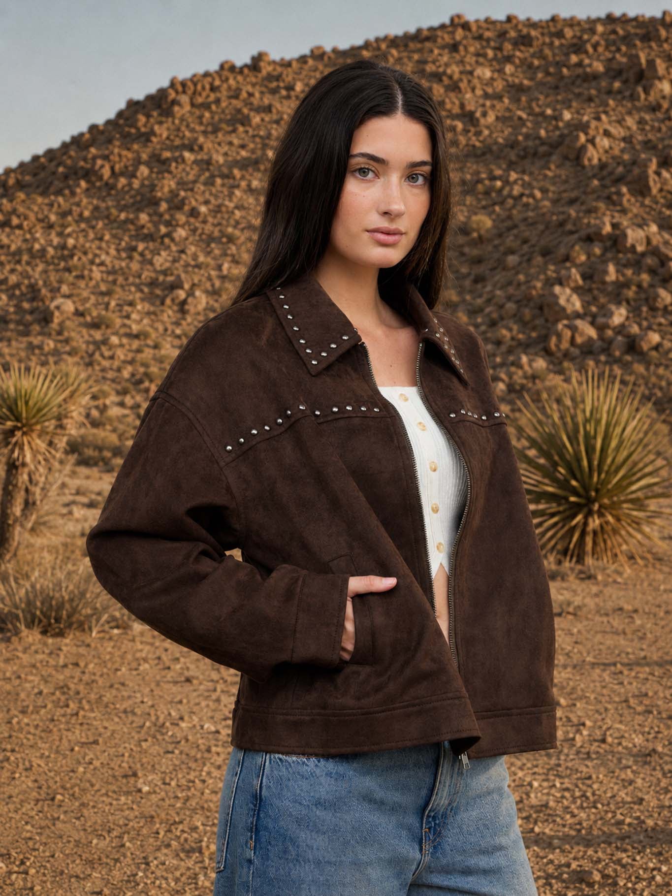 STUDDED COLLARED ZIP-UP SUEDE JACKET