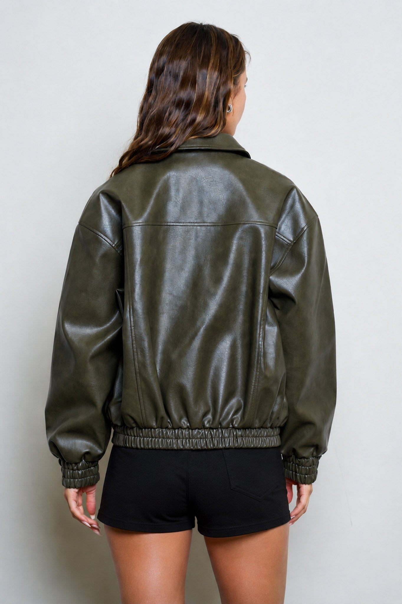 FAUX LEATHER COLLARED ZIP-UP BOMBER JACKET (PRE-ORDER)