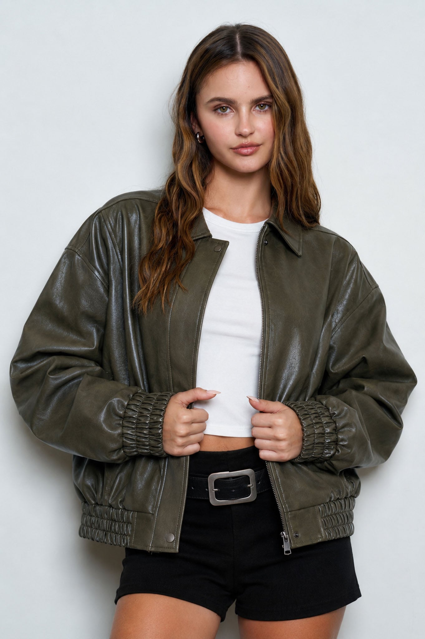 FAUX LEATHER COLLARED ZIP-UP BOMBER JACKET (PRE-ORDER)