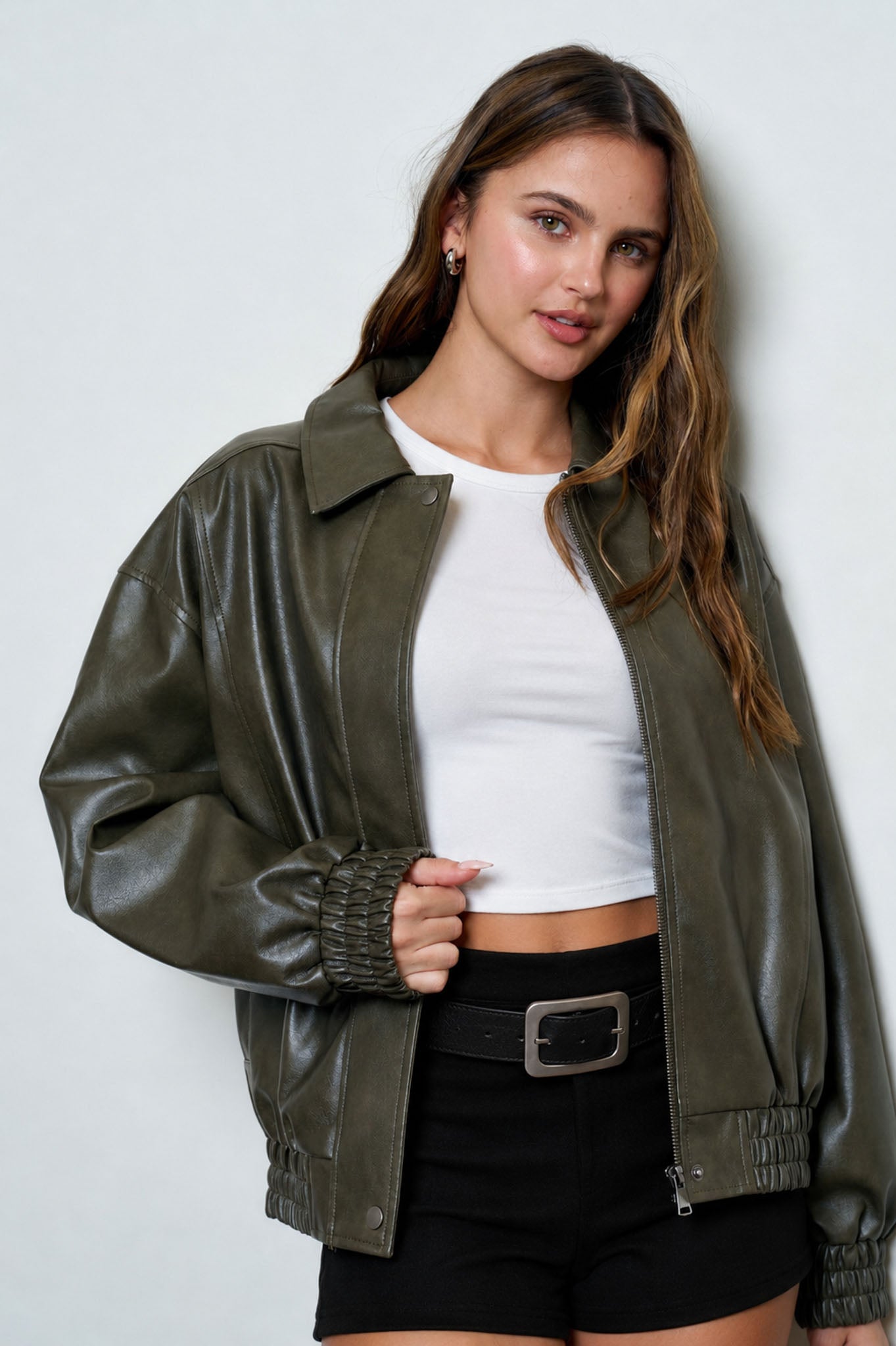 FAUX LEATHER COLLARED ZIP-UP BOMBER JACKET (PRE-ORDER)