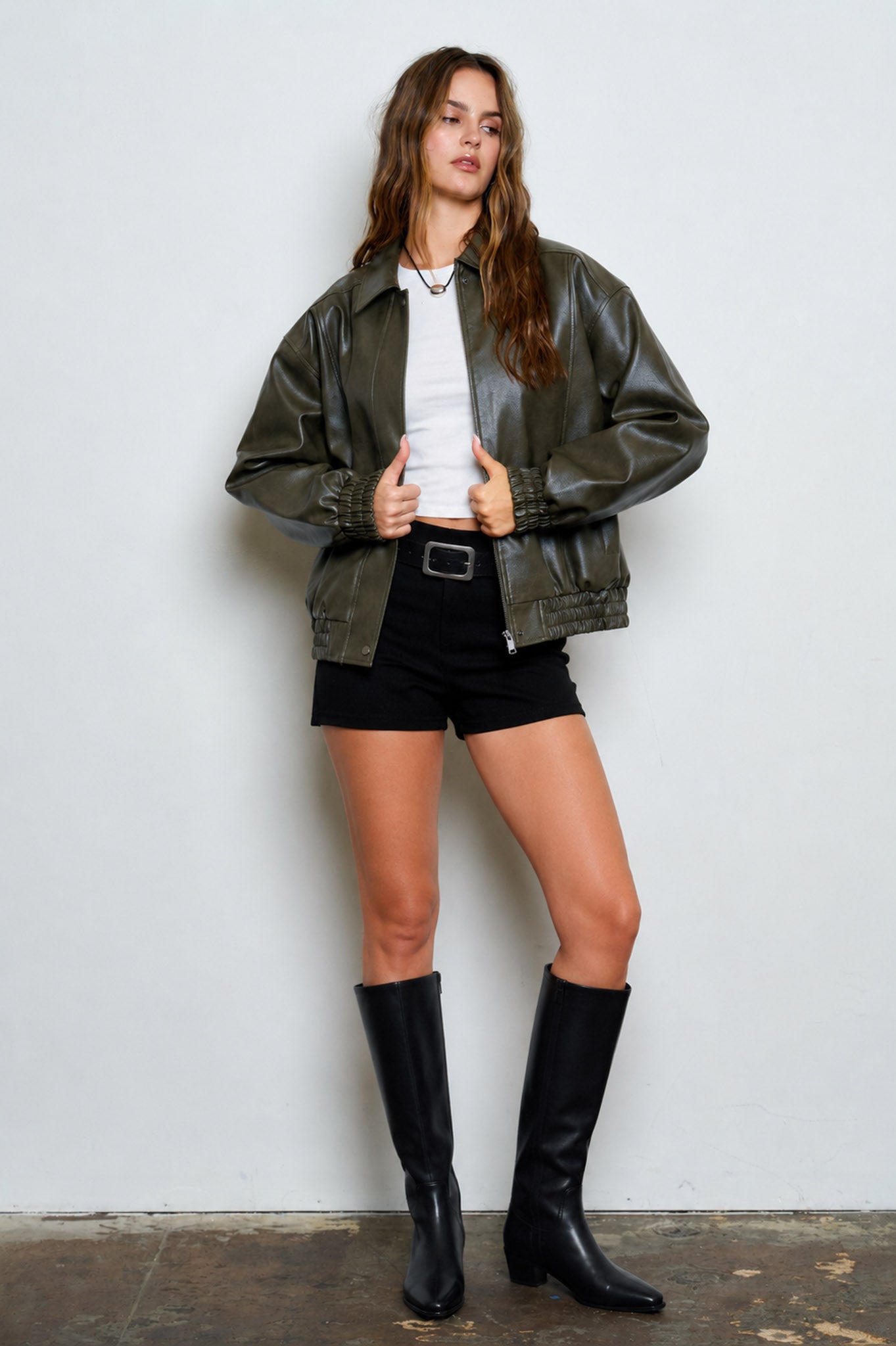 FAUX LEATHER COLLARED ZIP-UP BOMBER JACKET (PRE-ORDER)