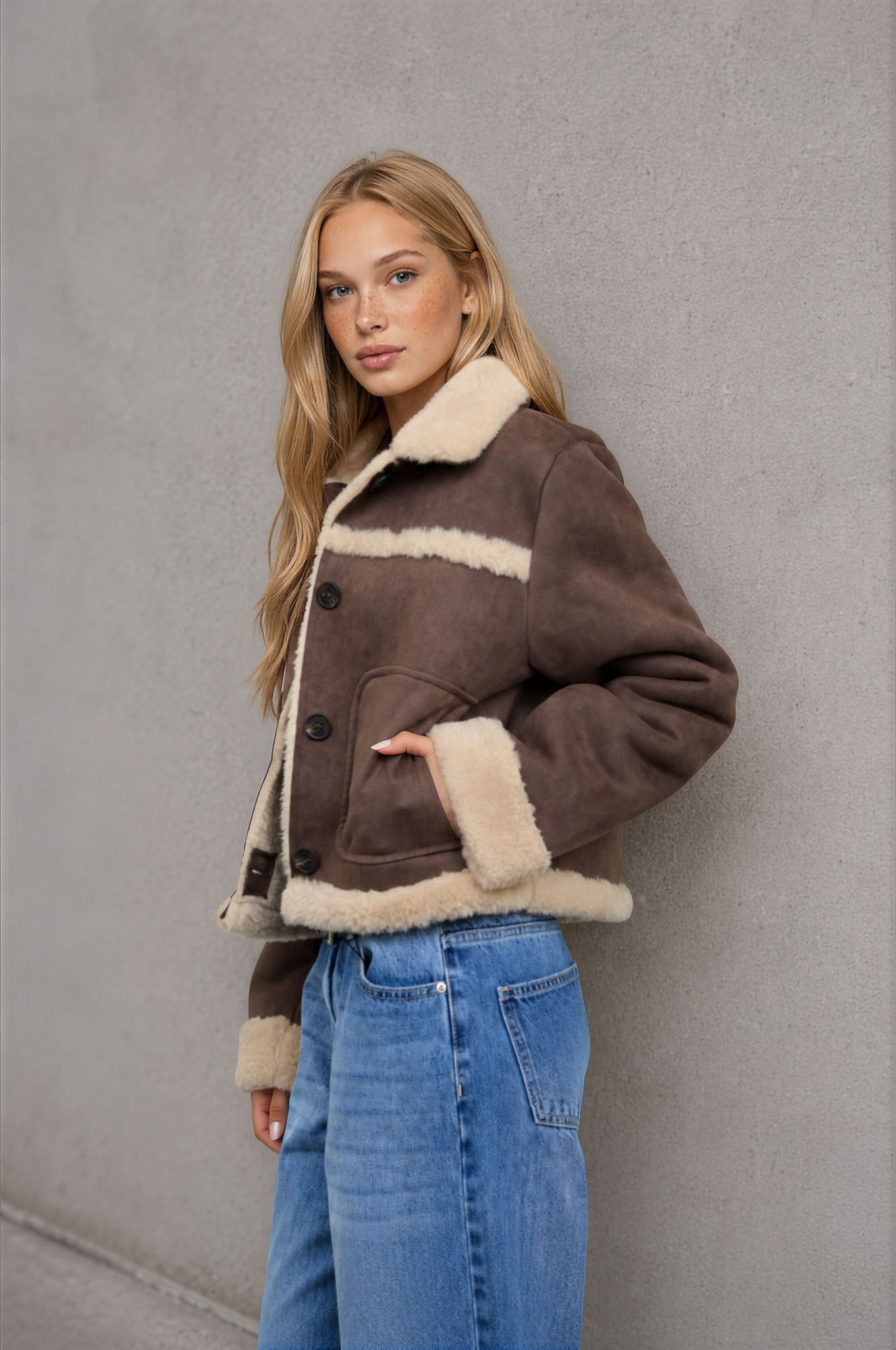 SHEARLING COLLAR BUTTON DOWN SUEDE JACKET