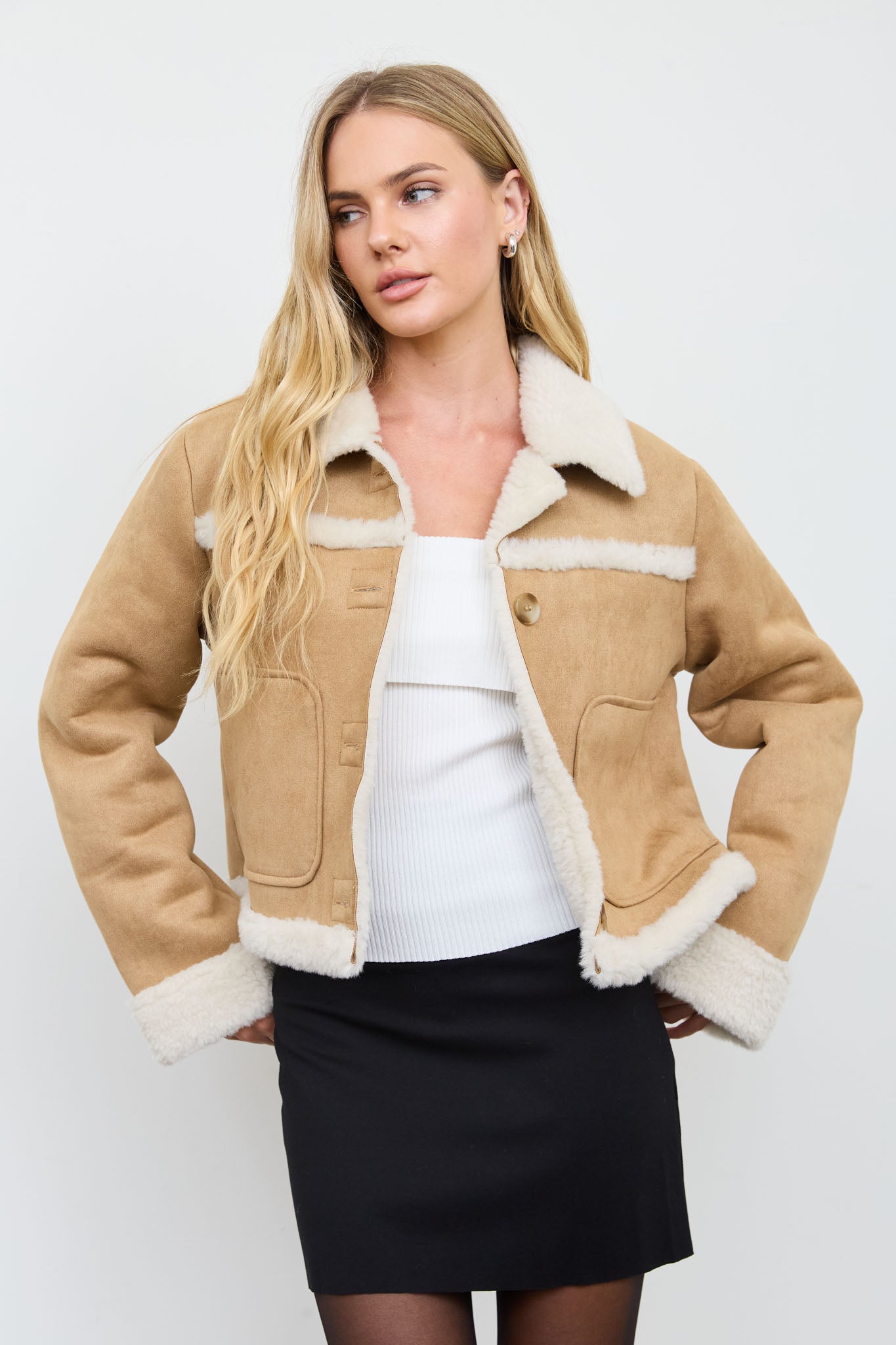 SHEARLING COLLAR BUTTON DOWN SUEDE JACKET