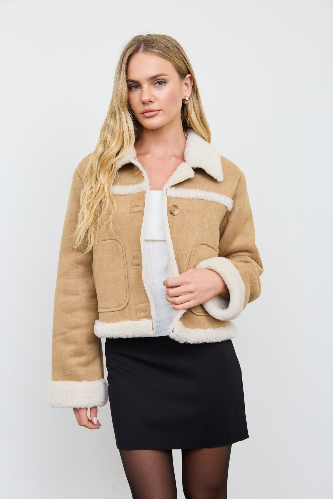 SHEARLING COLLAR BUTTON DOWN SUEDE JACKET