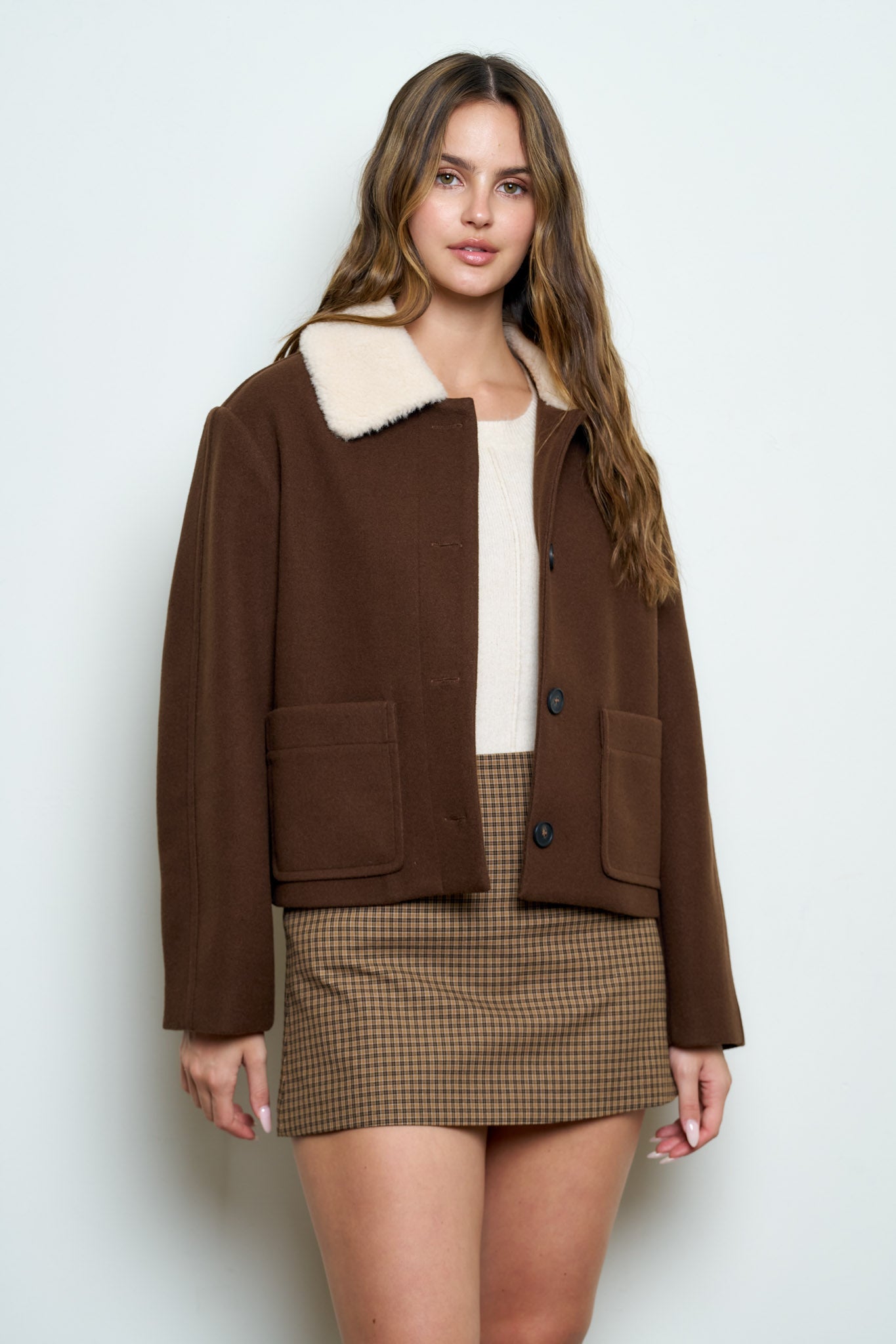 CONTRAST SHEARLING COLLAR BUTTON JACKET