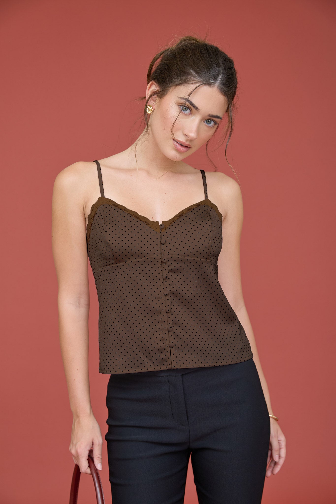 POLKA DOT LACE TRIM BUTTON DOWN SATIN CAMI (PRE-ORDER)