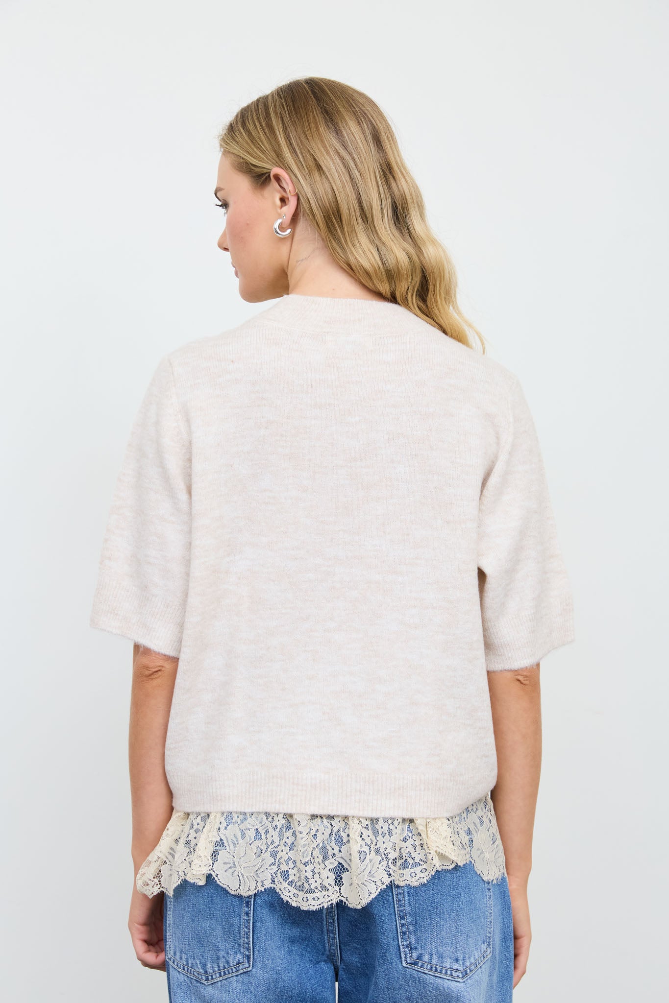 CREWNECK SHORT SLEEVE RIB HEM PULLOVER SWEATER