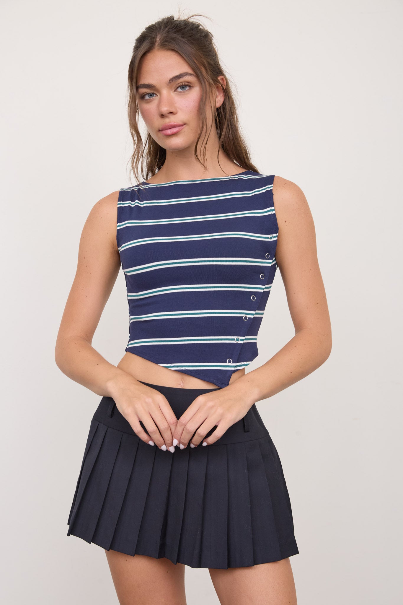 STRIPED BOAT NECK SLEEVELESS ASYMMETRICAL TANK (PRE-ORDER)