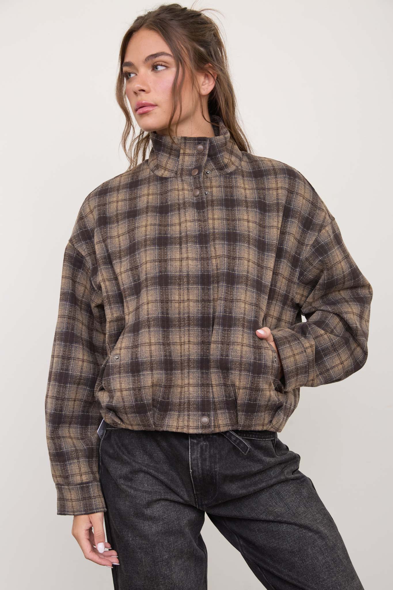 PLAID STAND COLLAR CROPPED JACKET (PRE-ORDER)