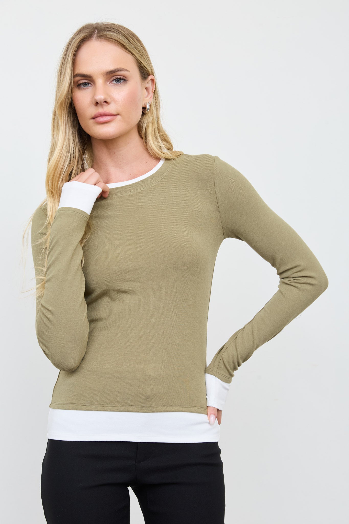 LAYERED LONG SLEEVE CREW NECK KNIT TOP