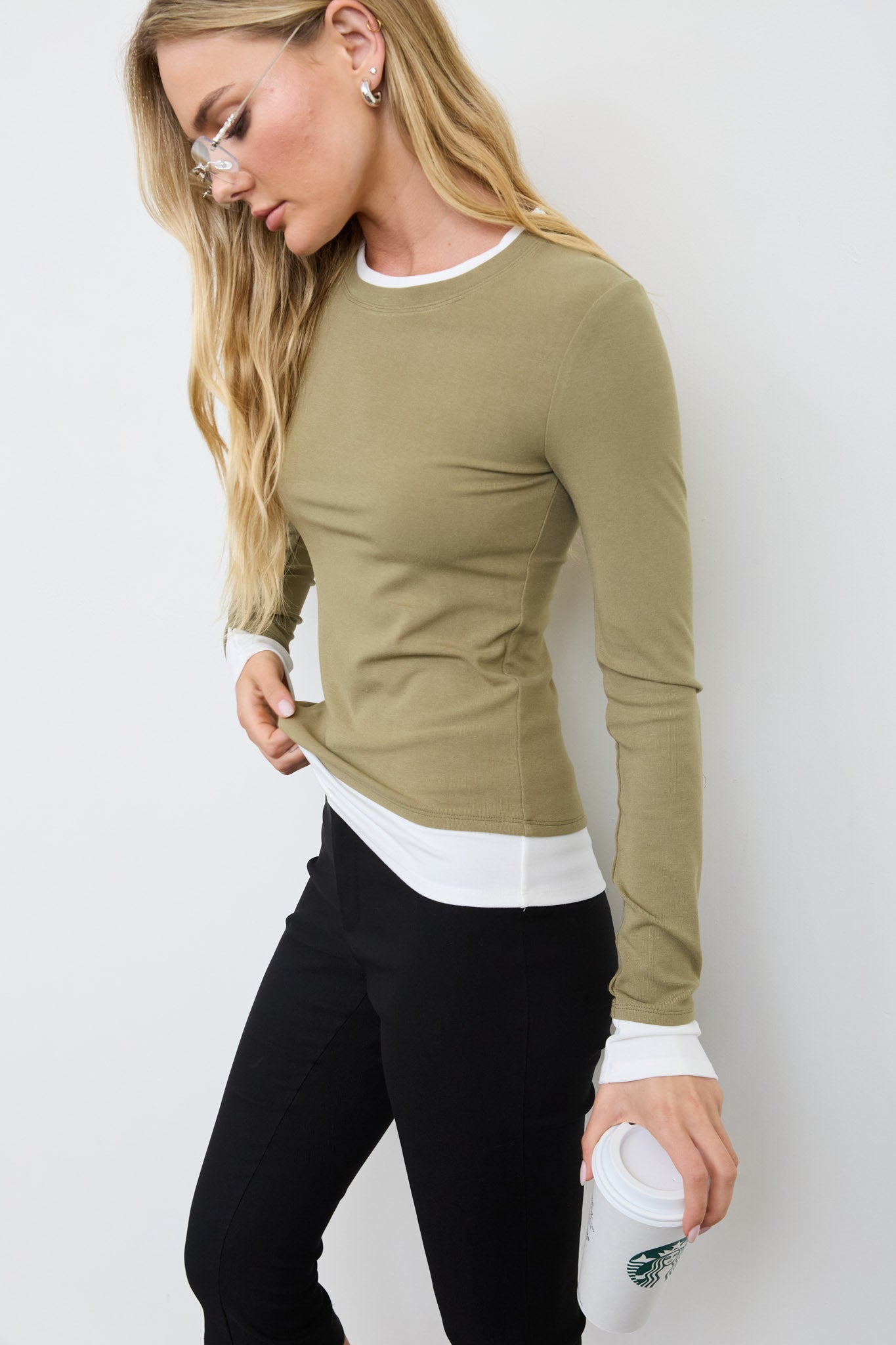 LAYERED LONG SLEEVE CREW NECK KNIT TOP