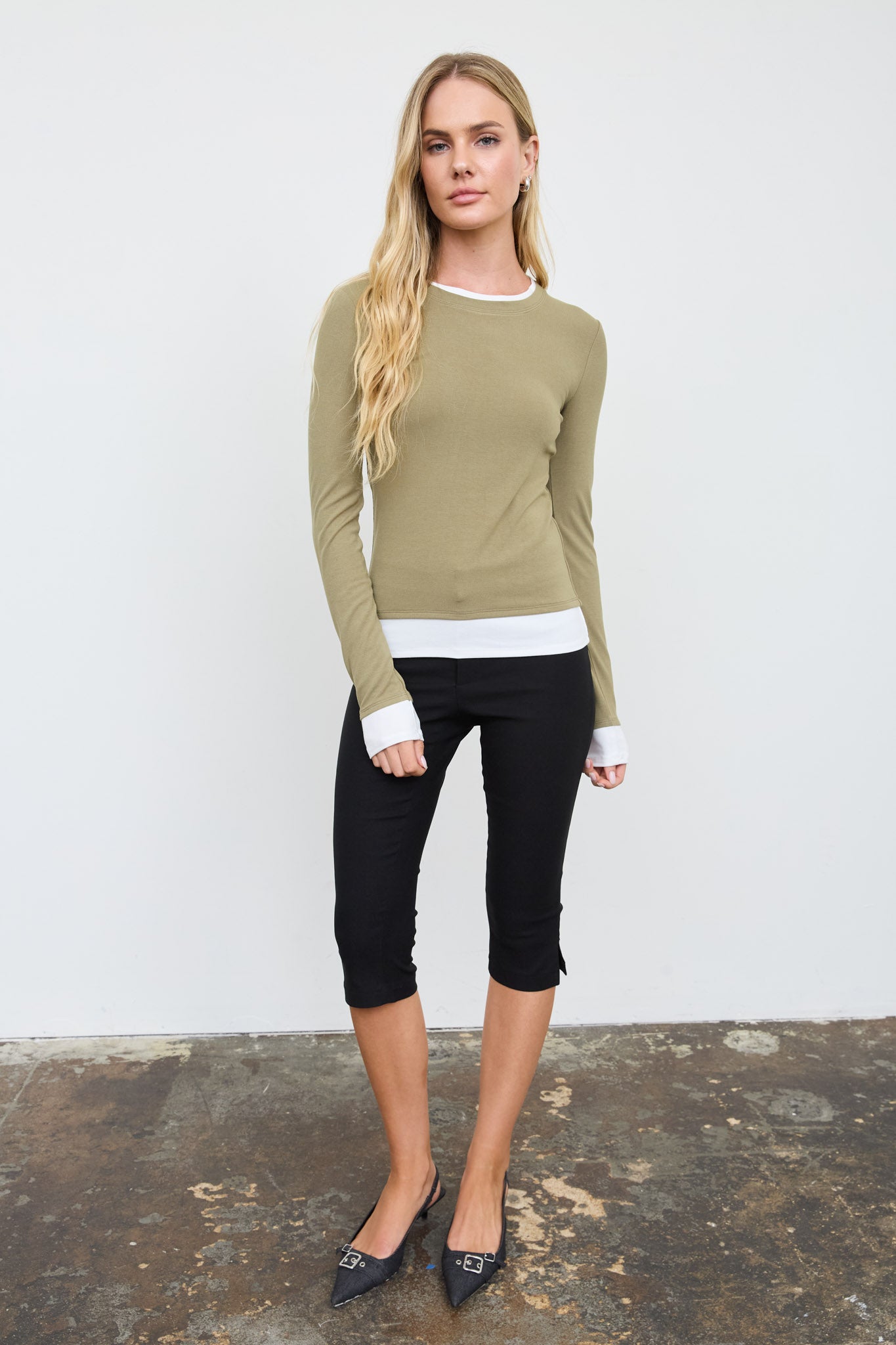 LAYERED LONG SLEEVE CREW NECK KNIT TOP