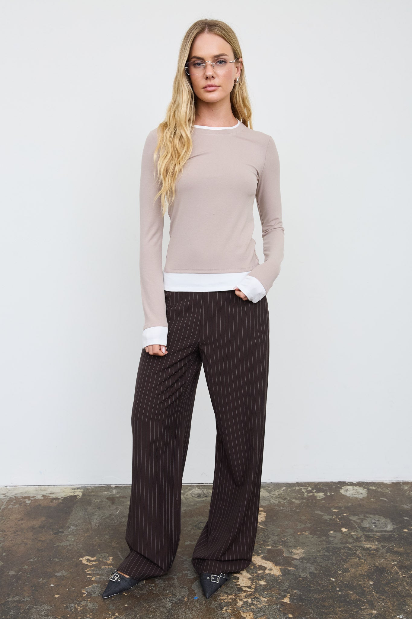 LAYERED LONG SLEEVE CREW NECK KNIT TOP