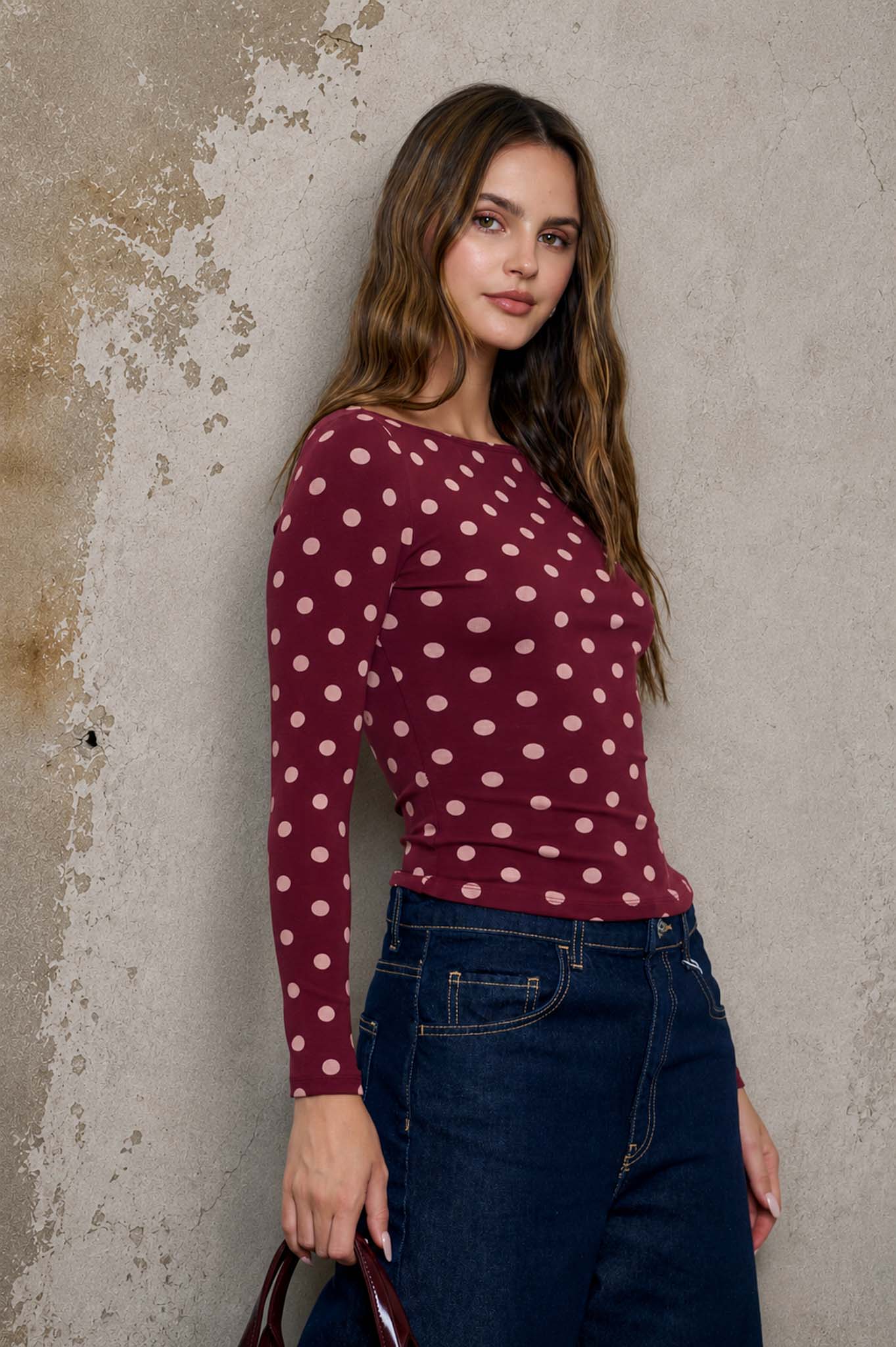 POLKA DOT BOAT NECK LONG SLEEVE KNIT TOP (PRE-ORDER)