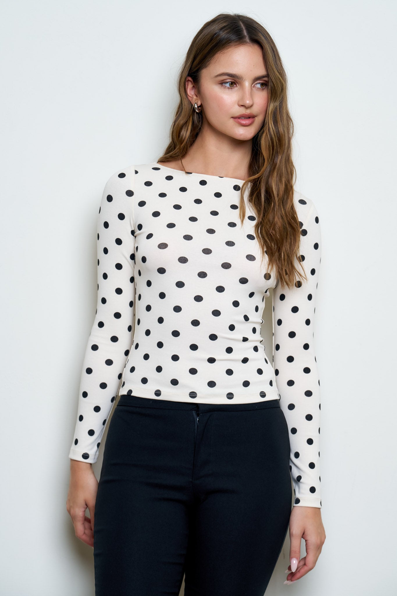 POLKA DOT BOAT NECK LONG SLEEVE KNIT TOP (PRE-ORDER)