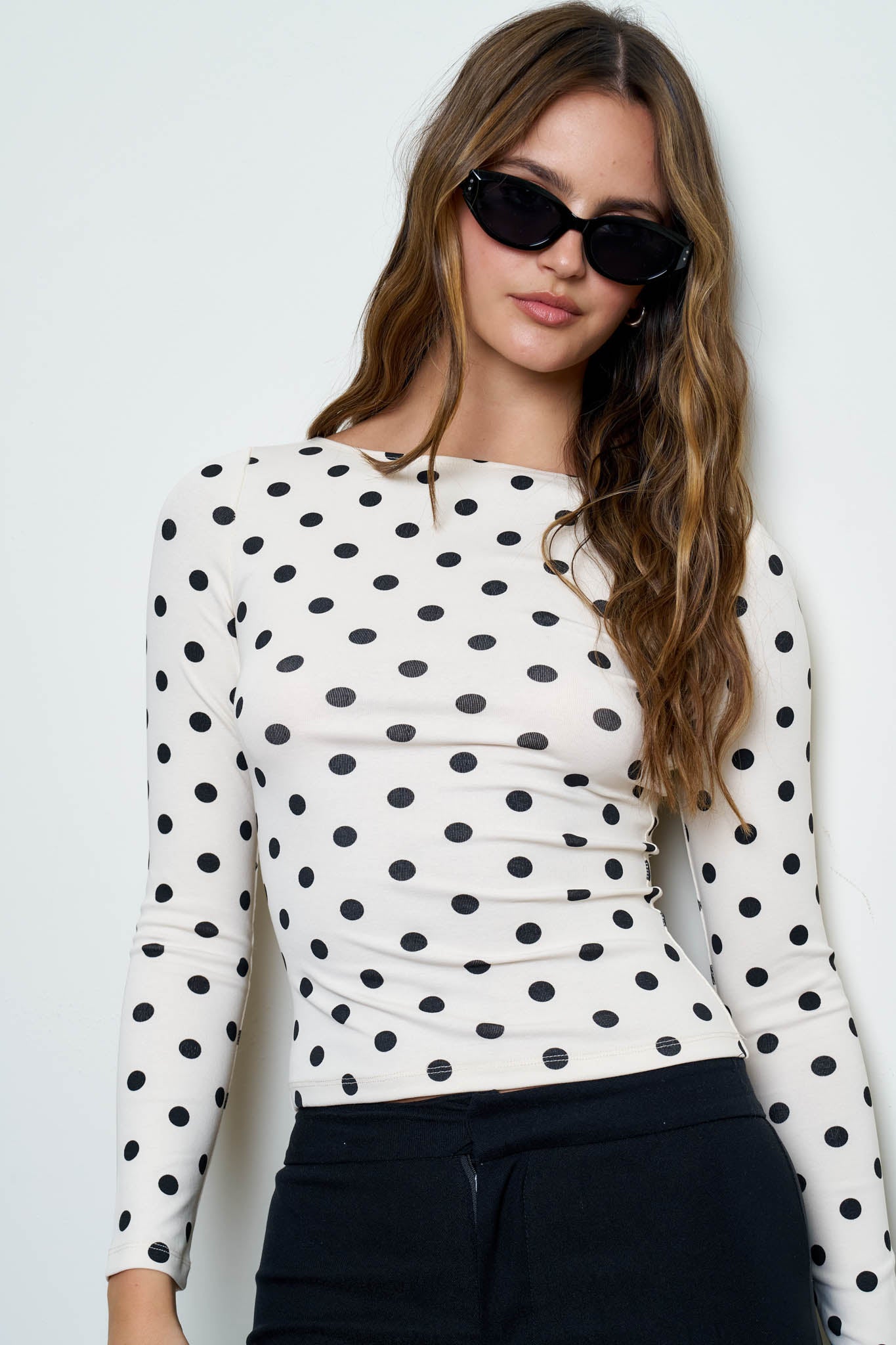 POLKA DOT BOAT NECK LONG SLEEVE KNIT TOP (PRE-ORDER)