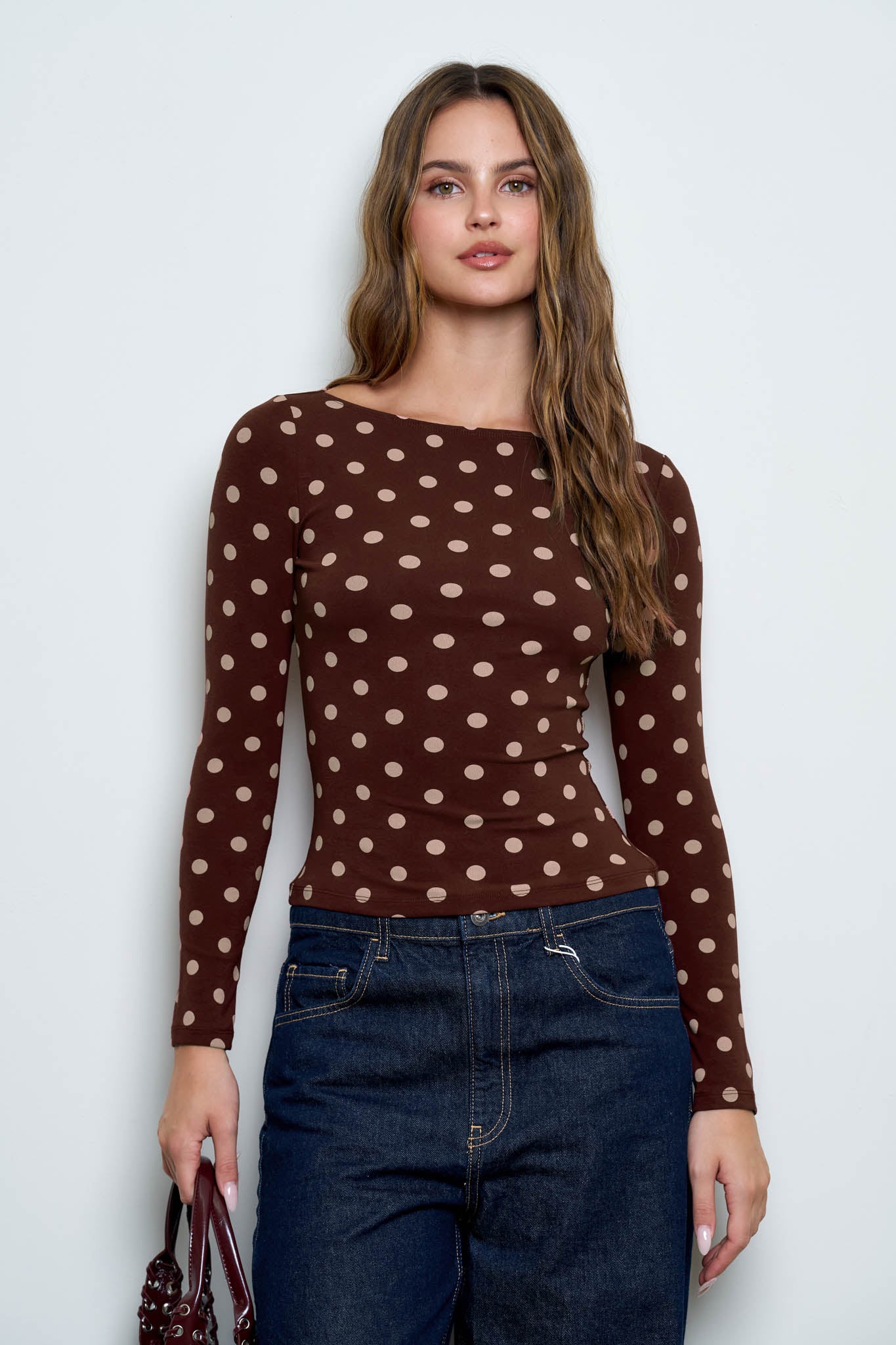 POLKA DOT BOAT NECK LONG SLEEVE KNIT TOP (PRE-ORDER)