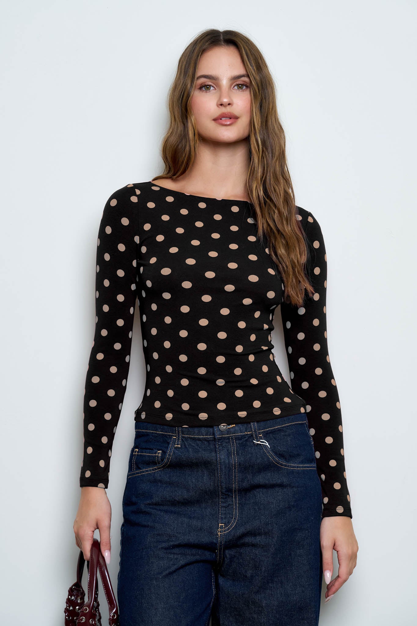 POLKA DOT BOAT NECK LONG SLEEVE KNIT TOP (PRE-ORDER)
