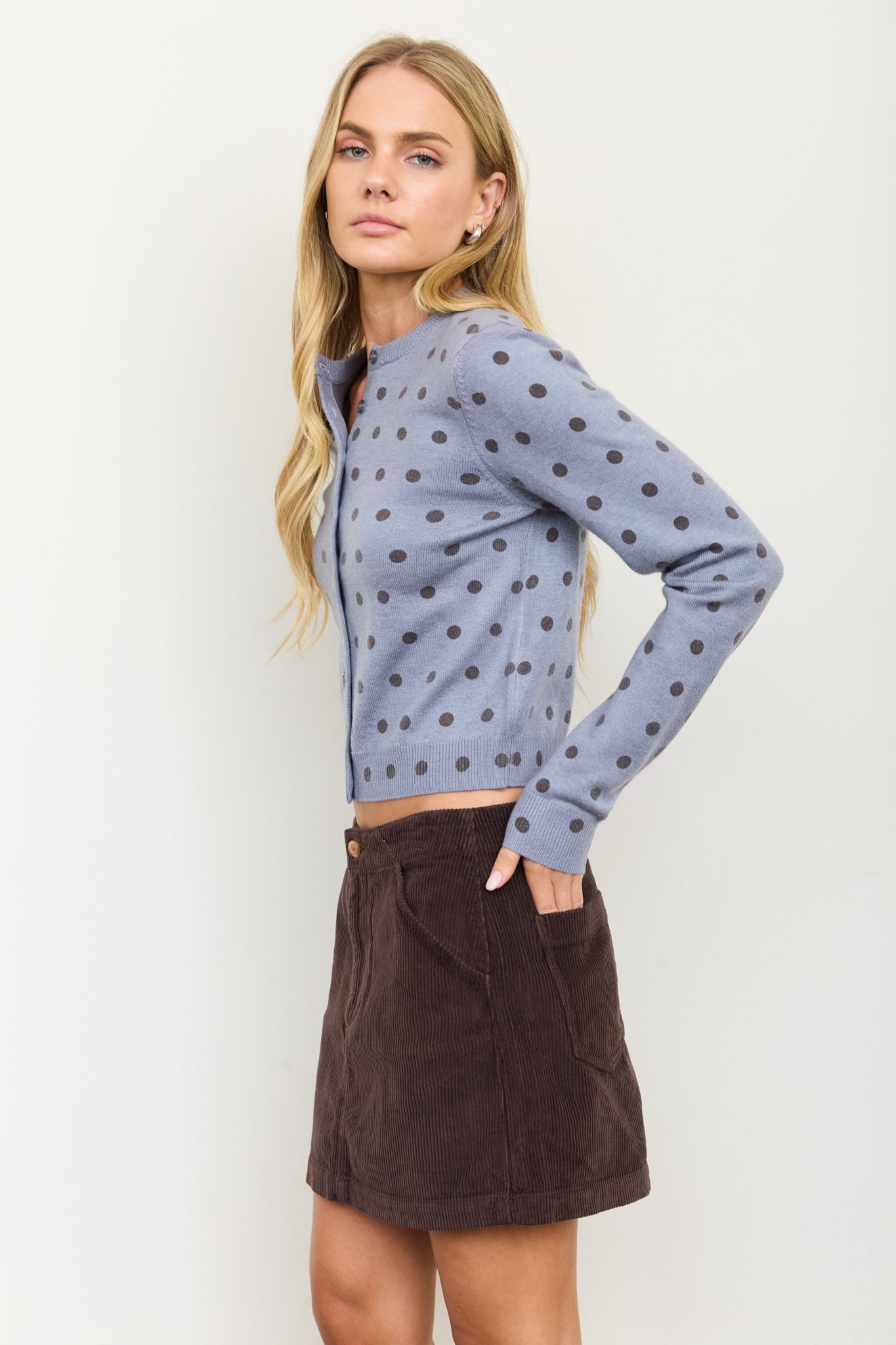 POLKA DOT ROUND NECK BUTTON DOWN CARDIGAN (PRE-ORDER)