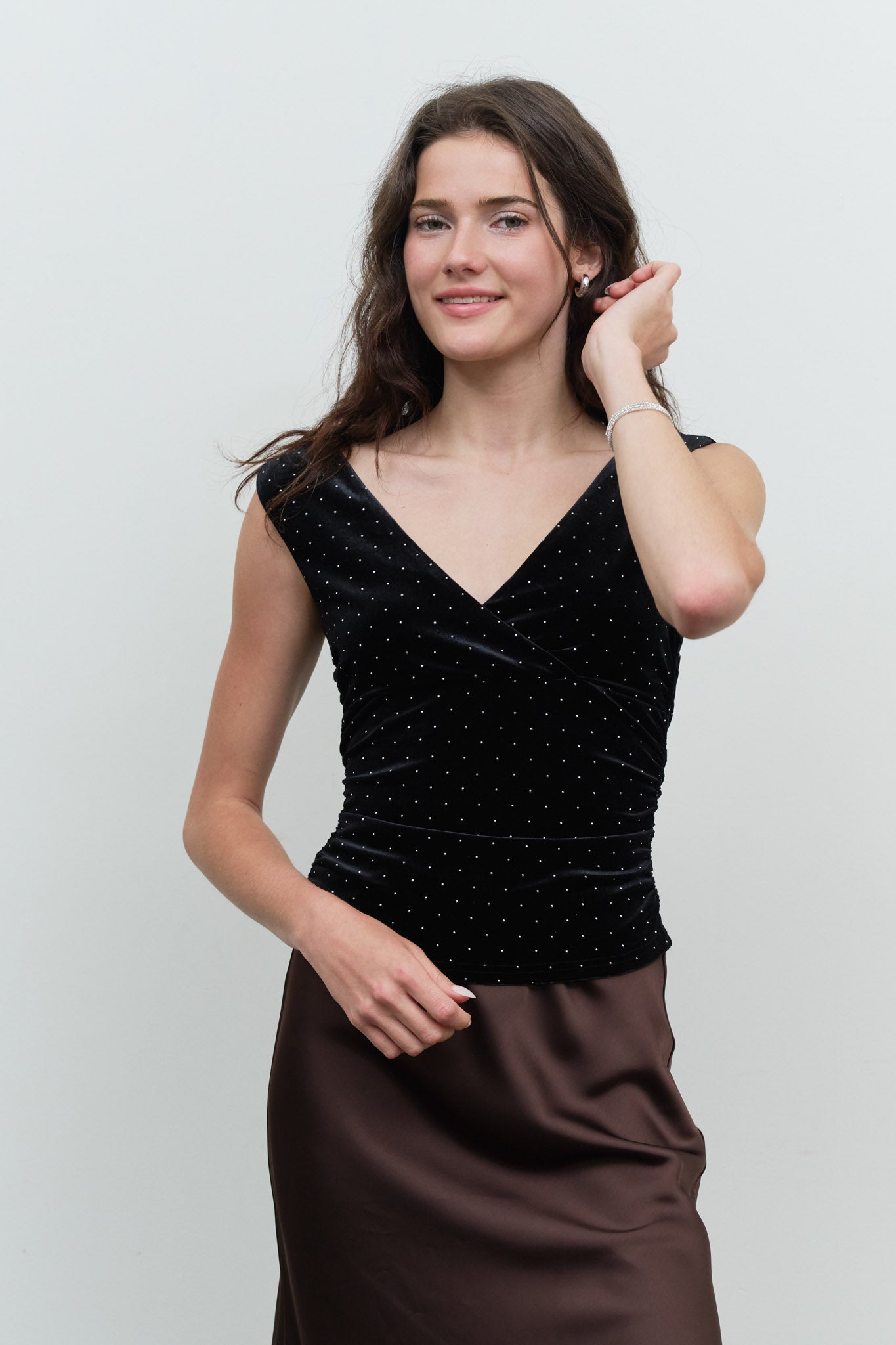 VELVET SEQUIN OFF THE SHOULDER WRAP KNIT TOP