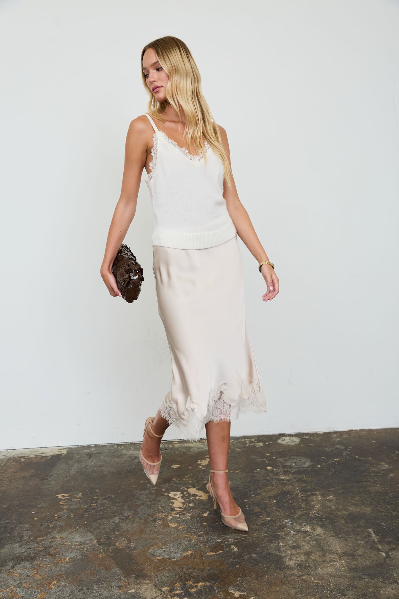 SATIN SCALLOPED LACE TRIM MIDI SKIRT