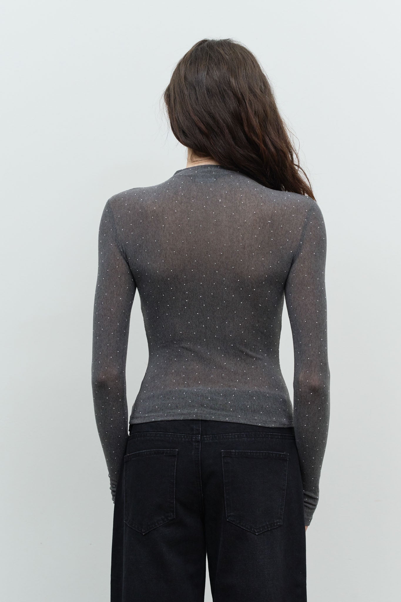 RHINESTONE DOT MOCK NECK LONG SLEEVE KNIT TOP