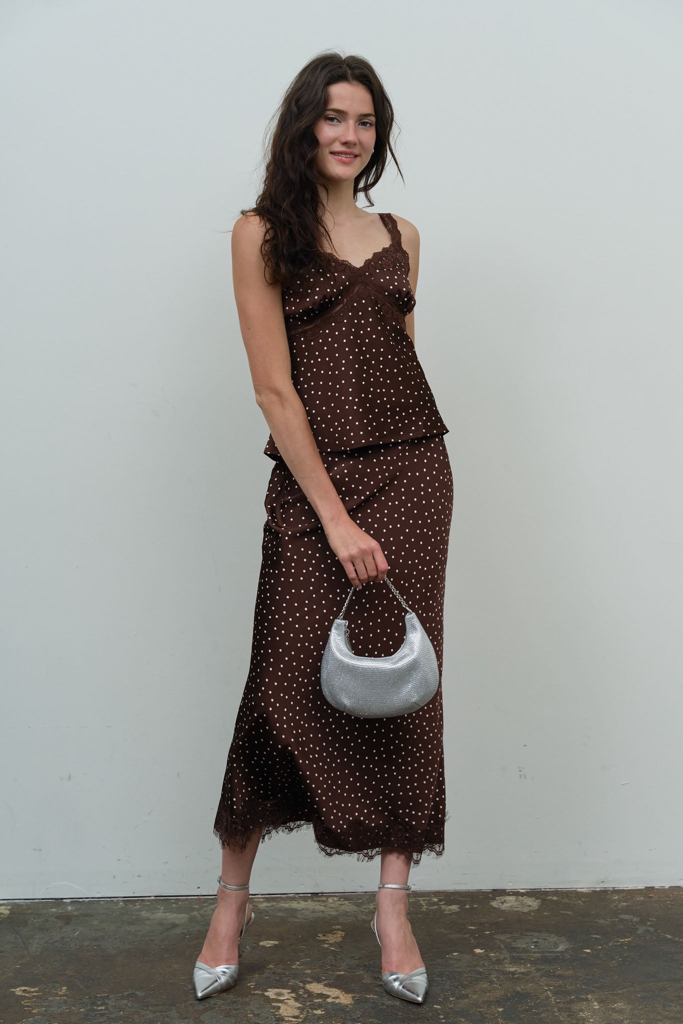 POLKA DOT LACE TRIM SLIT MIDI SKIRT