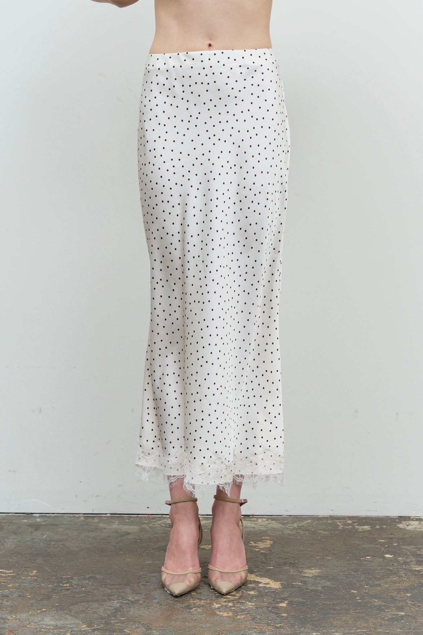 POLKA DOT LACE TRIM SLIT MIDI SKIRT