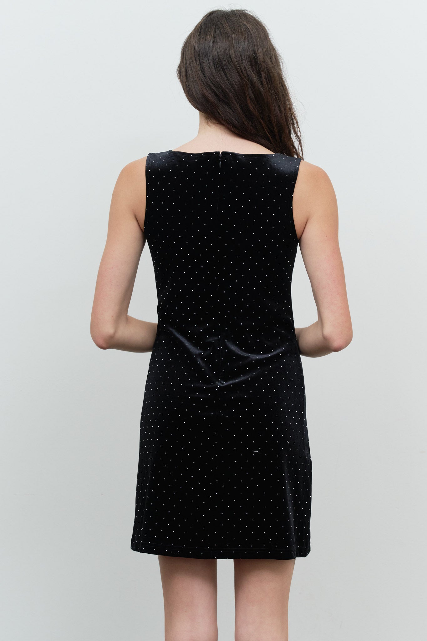 RHINESTONE DOT SLEEVELESS BOAT NECK MINI DRESS