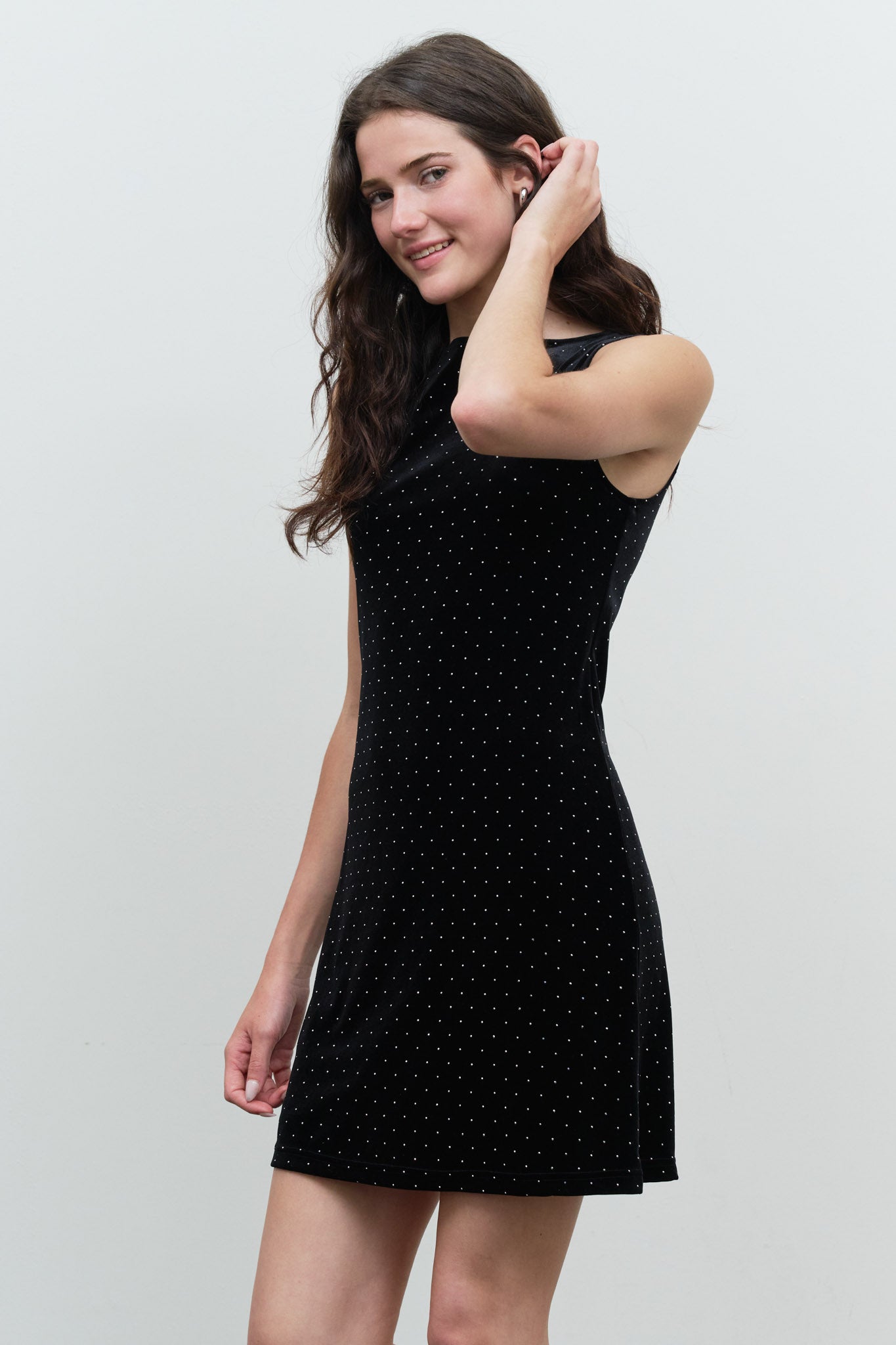 RHINESTONE DOT SLEEVELESS BOAT NECK MINI DRESS