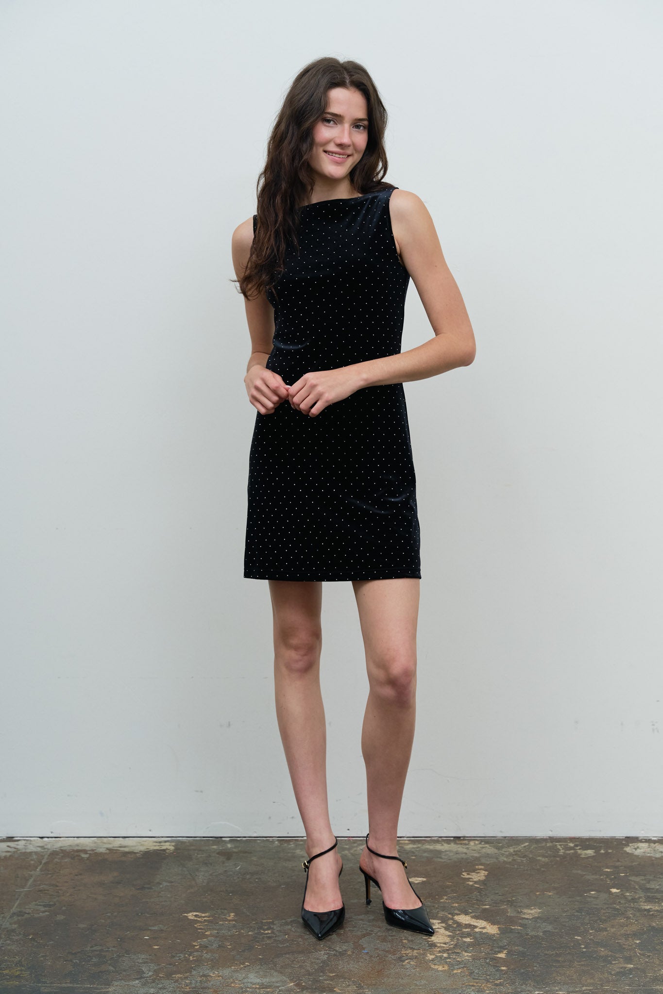RHINESTONE DOT SLEEVELESS BOAT NECK MINI DRESS
