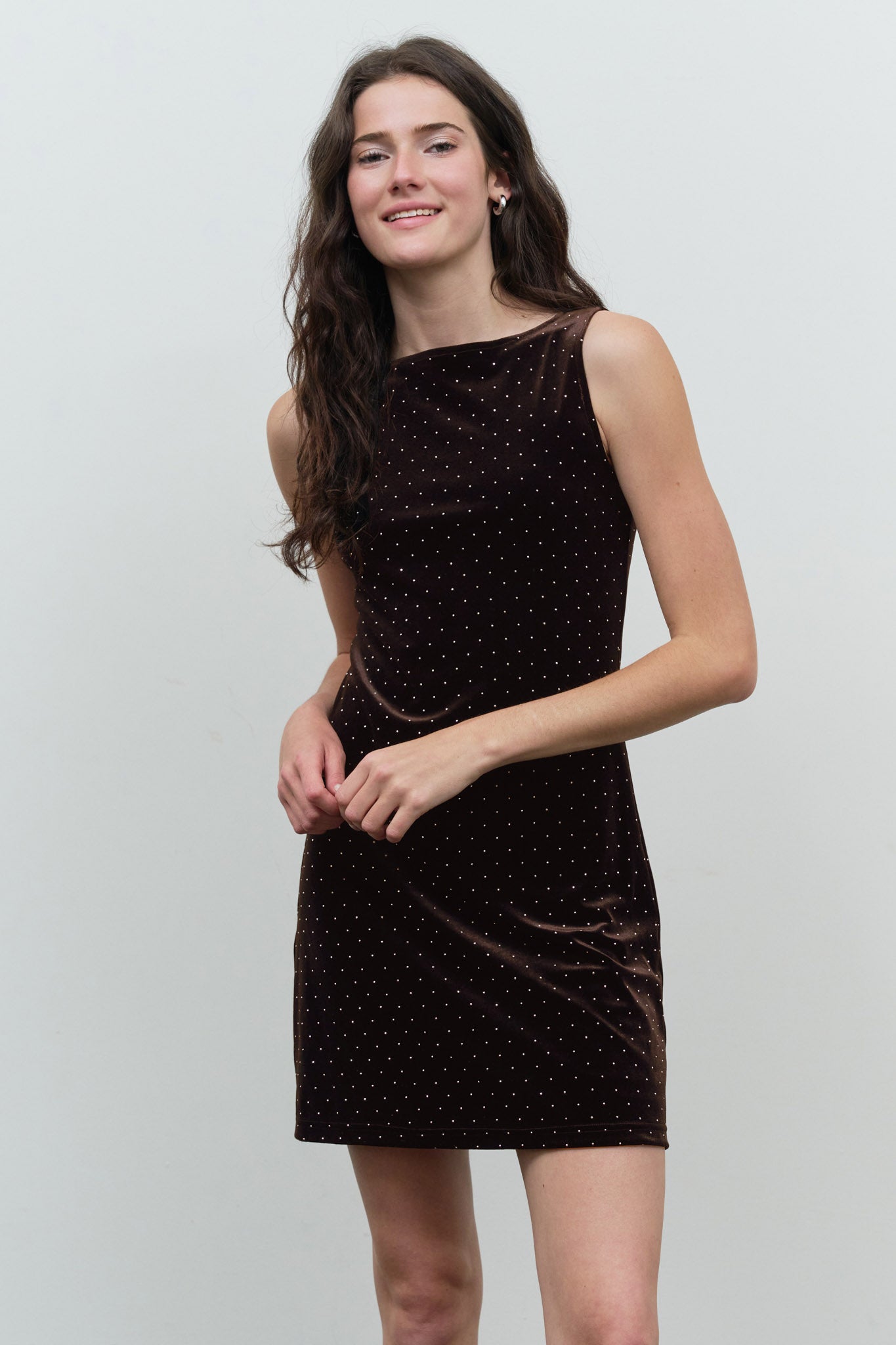 RHINESTONE DOT SLEEVELESS BOAT NECK MINI DRESS