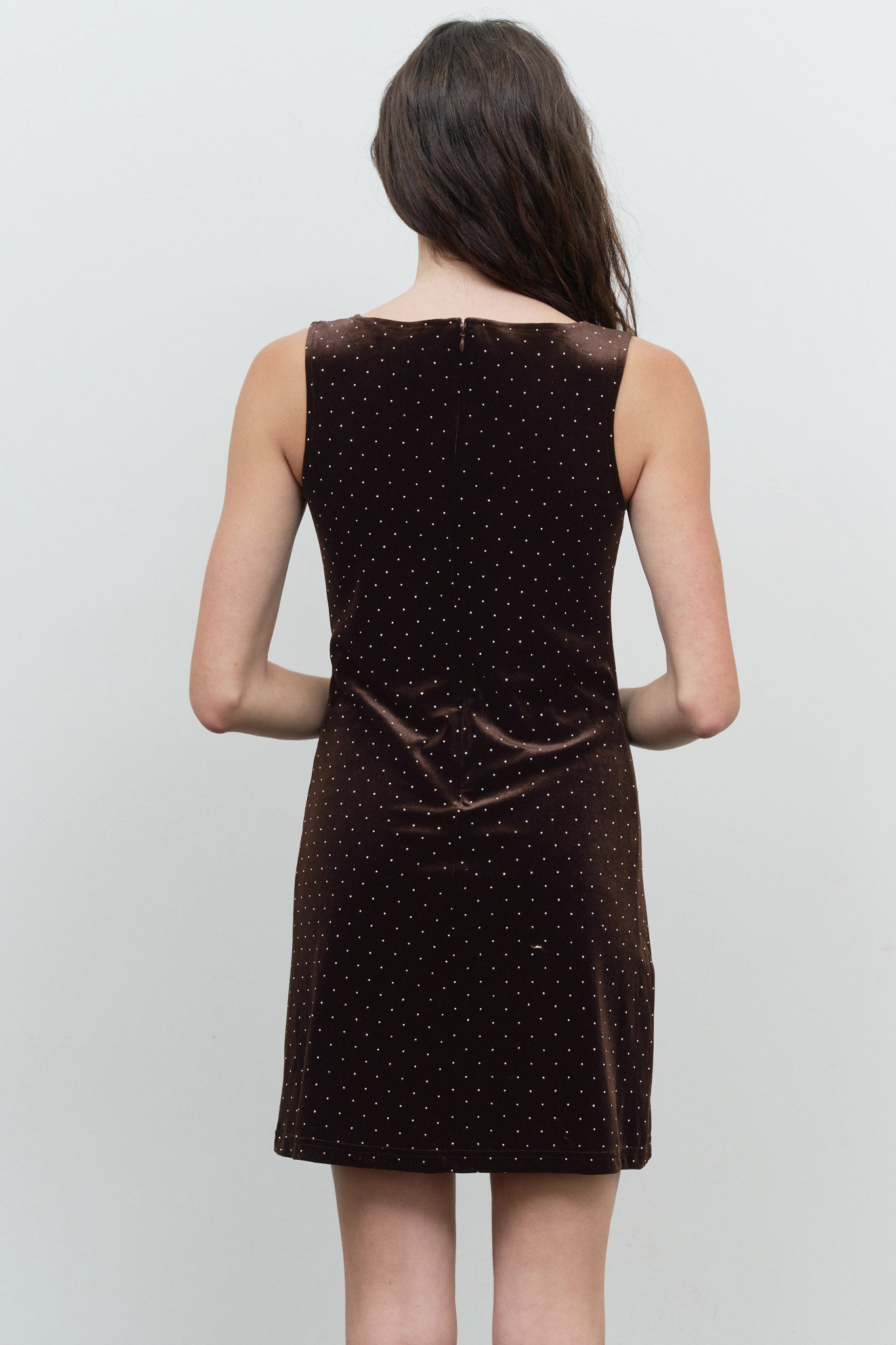 RHINESTONE DOT SLEEVELESS BOAT NECK MINI DRESS