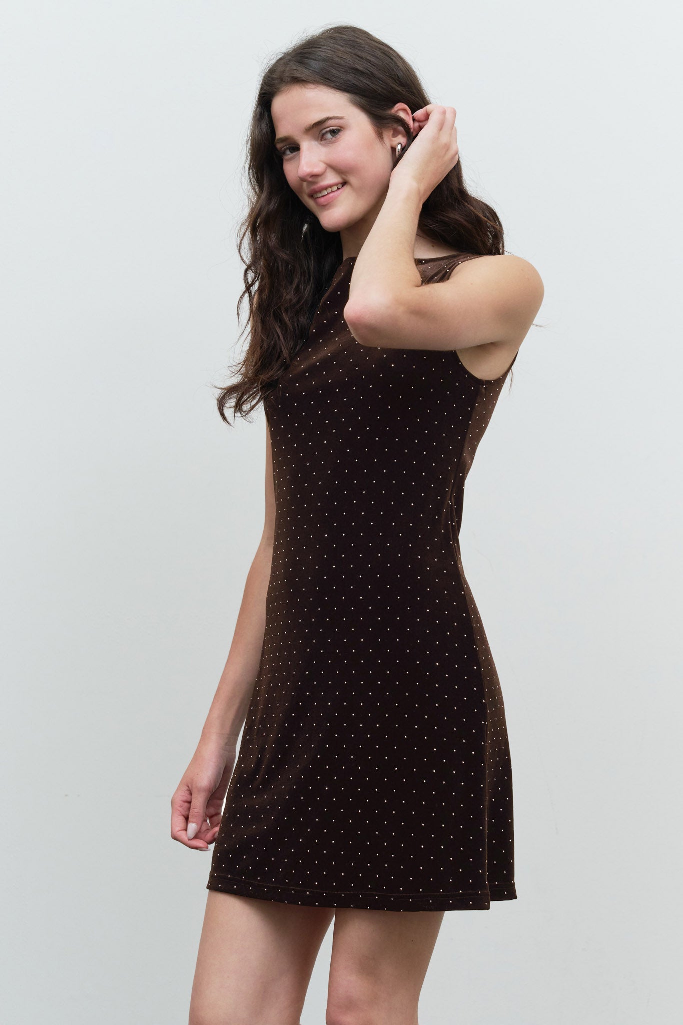 RHINESTONE DOT SLEEVELESS BOAT NECK MINI DRESS