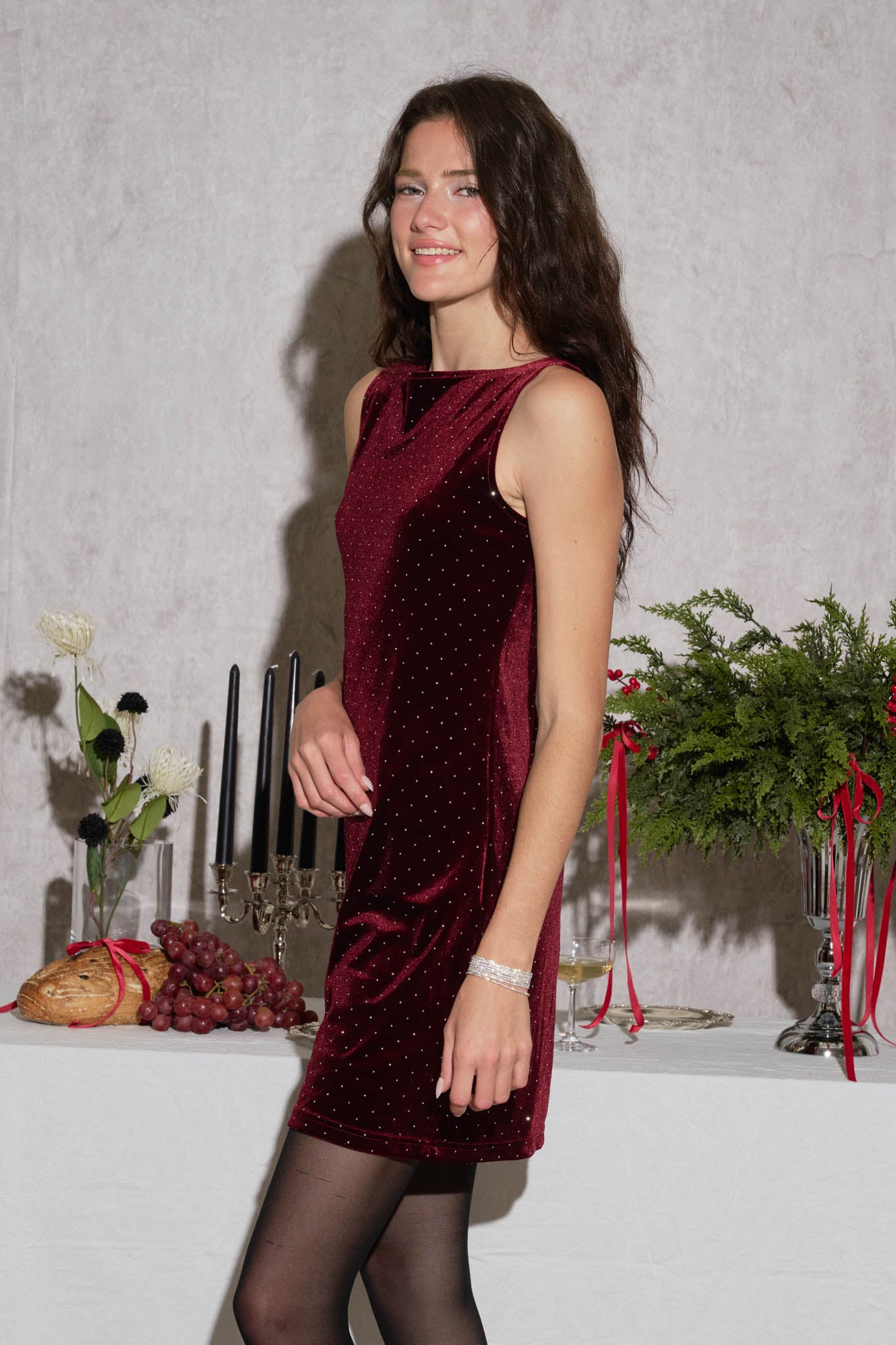 RHINESTONE DOT SLEEVELESS BOAT NECK MINI DRESS