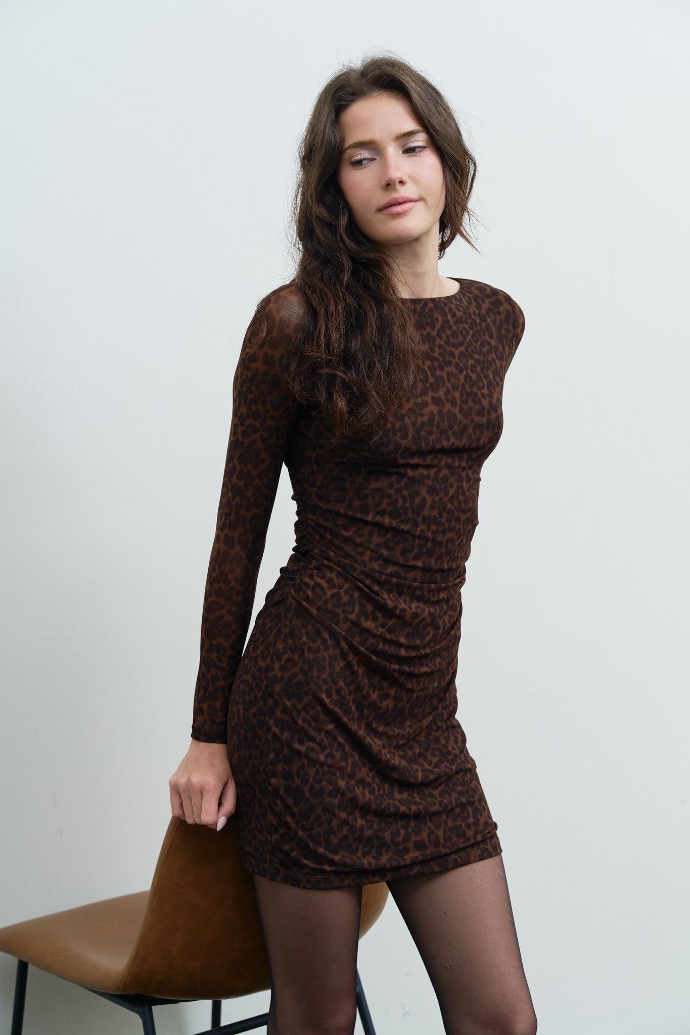 LEOPARD MESH BODYCON LONG SLEEVE MINI DRESS