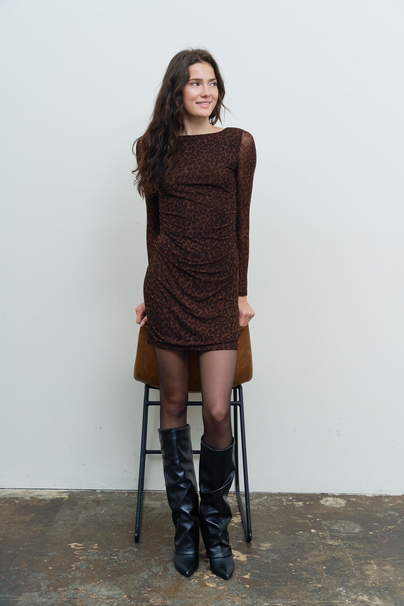 LEOPARD MESH BODYCON LONG SLEEVE MINI DRESS